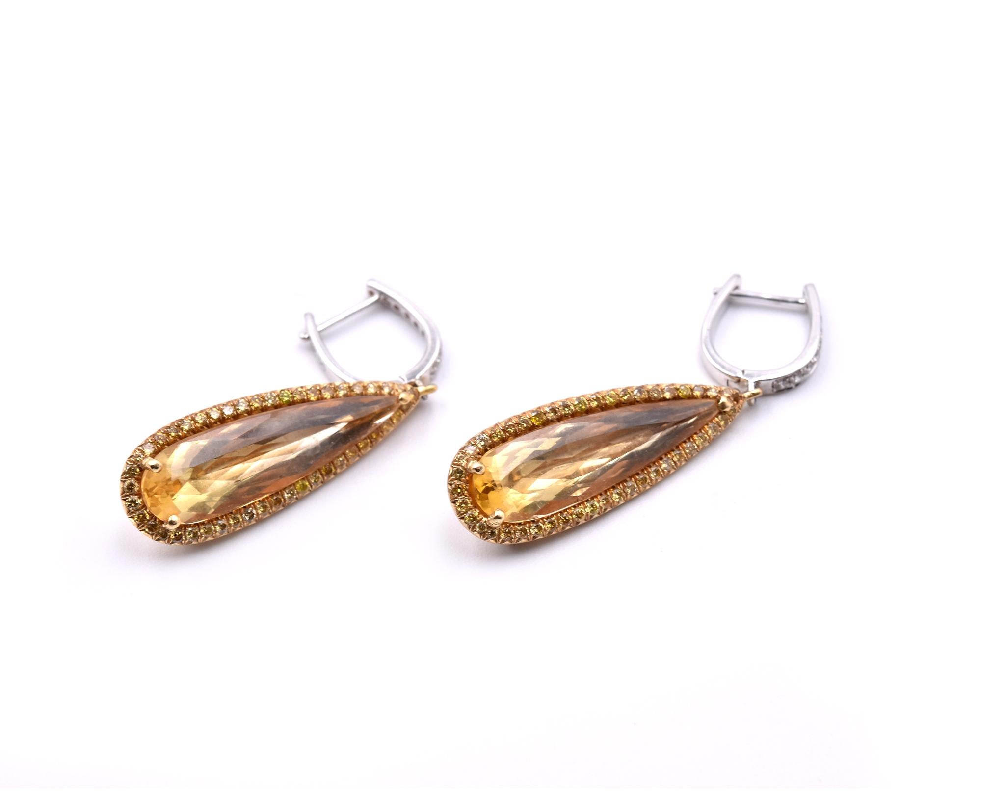 Round Cut 18 Karat Yellow and White Gold Diamond and Citrine Drop Earrings