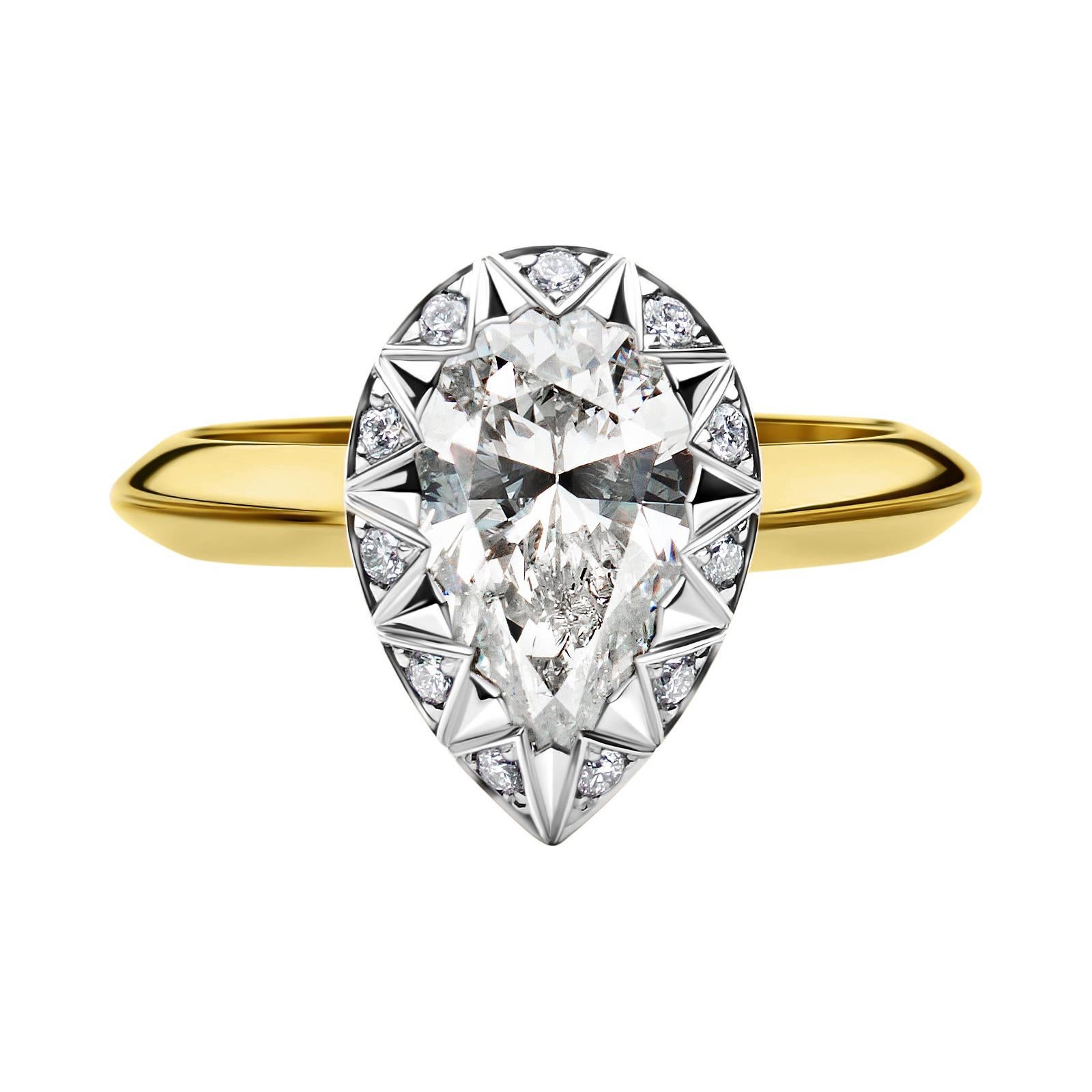 For Sale:  18k Yellow and White Gold Diamond Cocktail Ring w 1.57 Carat Pear Shape Diamond