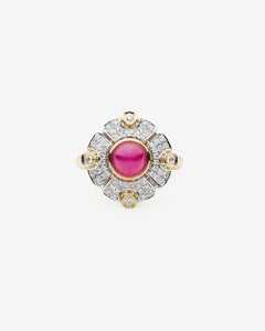 18k Yellow and White Gold Diamond Cocktail Ring w 1.79 Ct Round Ruby Cabochon