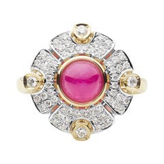 18k Yellow and White Gold Diamond Cocktail Ring w 1.79 Ct Round Ruby Cabochon