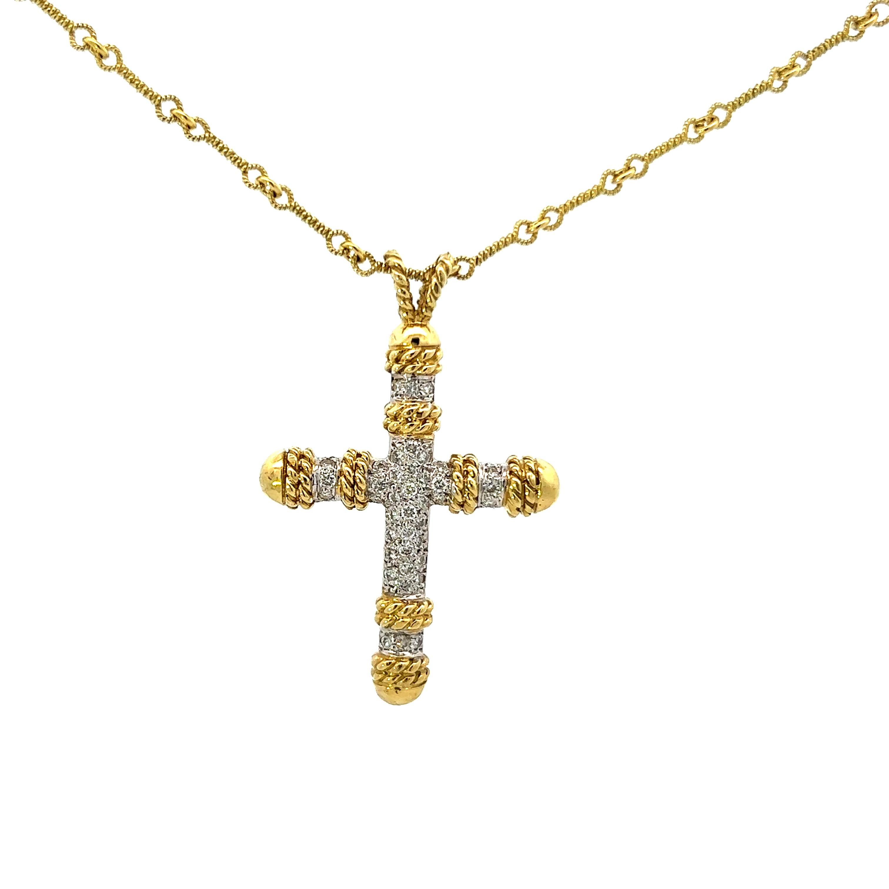 Contemporary 18K Yellow and White Gold Diamond Cross Pendant w/ Handmade 18k YG Chain  For Sale