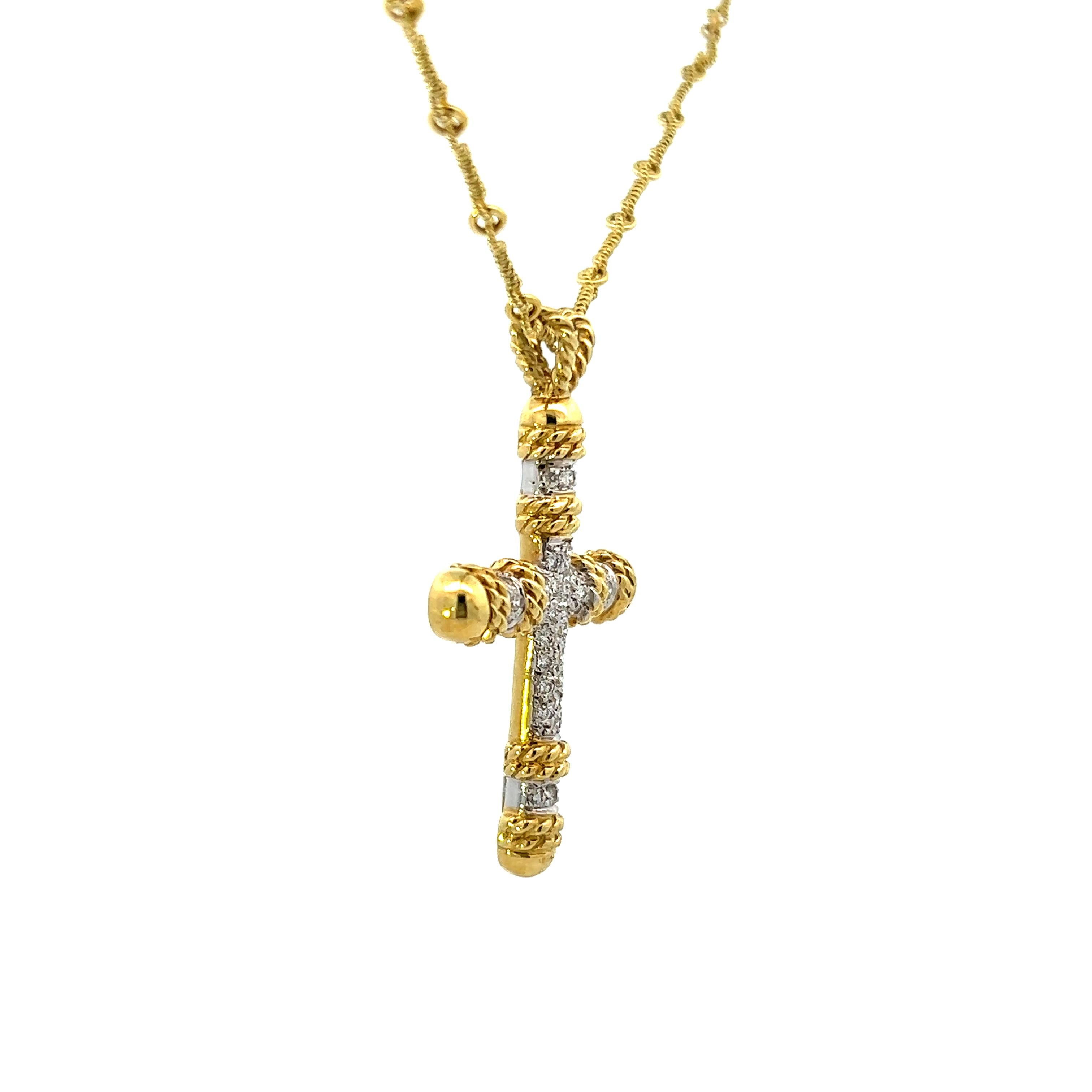 Round Cut 18K Yellow and White Gold Diamond Cross Pendant w/ Handmade 18k YG Chain 
