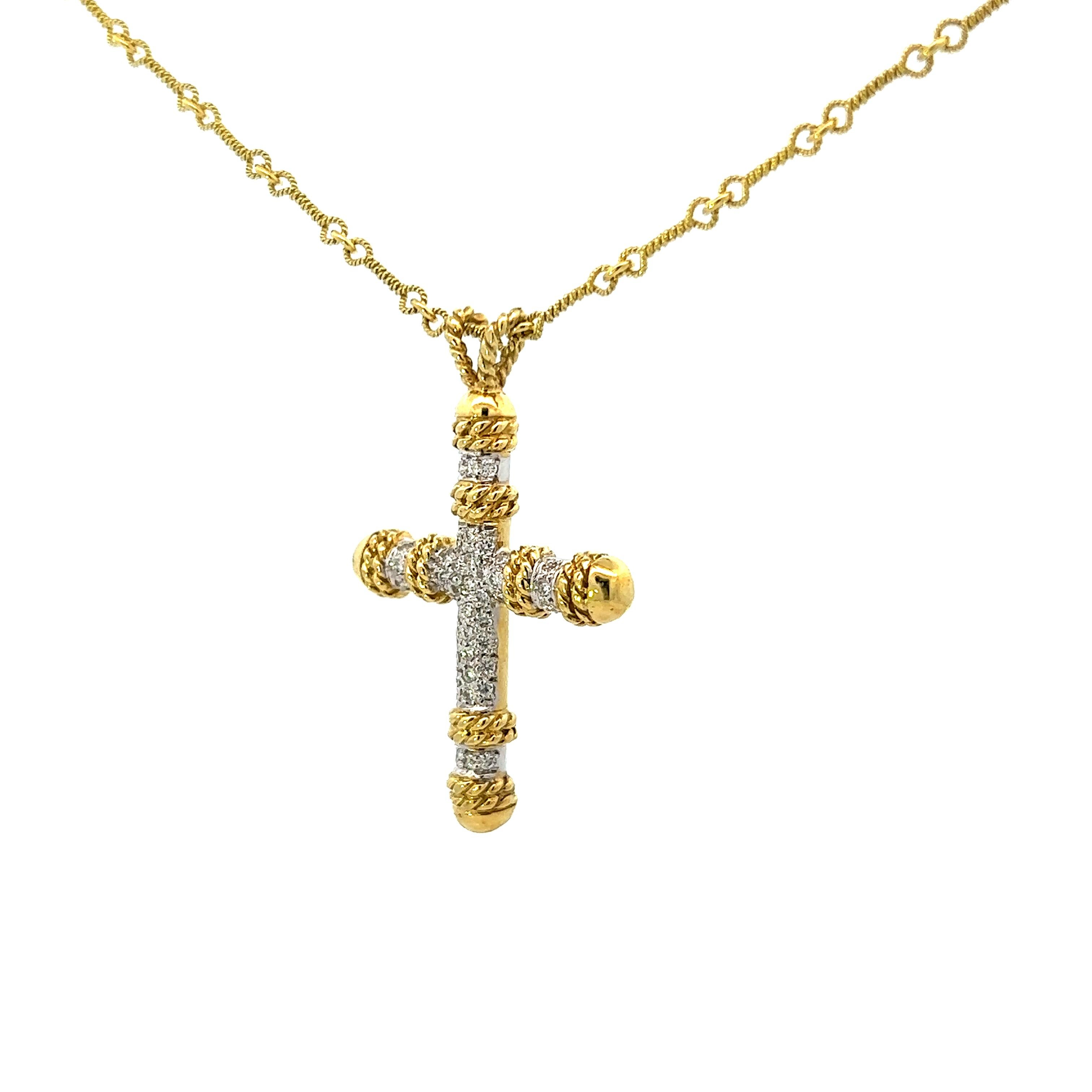 18K Yellow and White Gold Diamond Cross Pendant w/ Handmade 18k YG Chain  In Excellent Condition For Sale In Lexington, KY