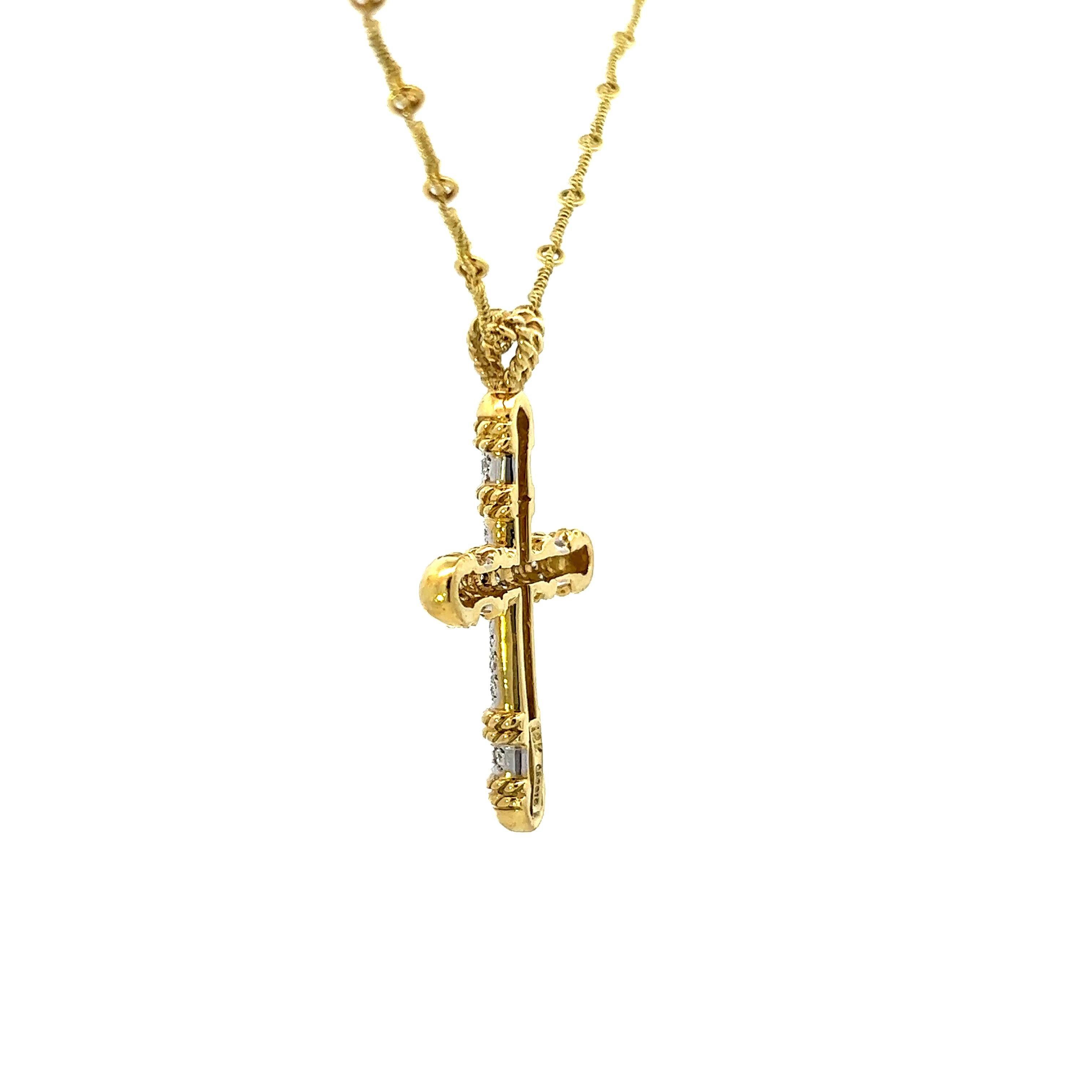 Women's or Men's 18K Yellow and White Gold Diamond Cross Pendant w/ Handmade 18k YG Chain  For Sale