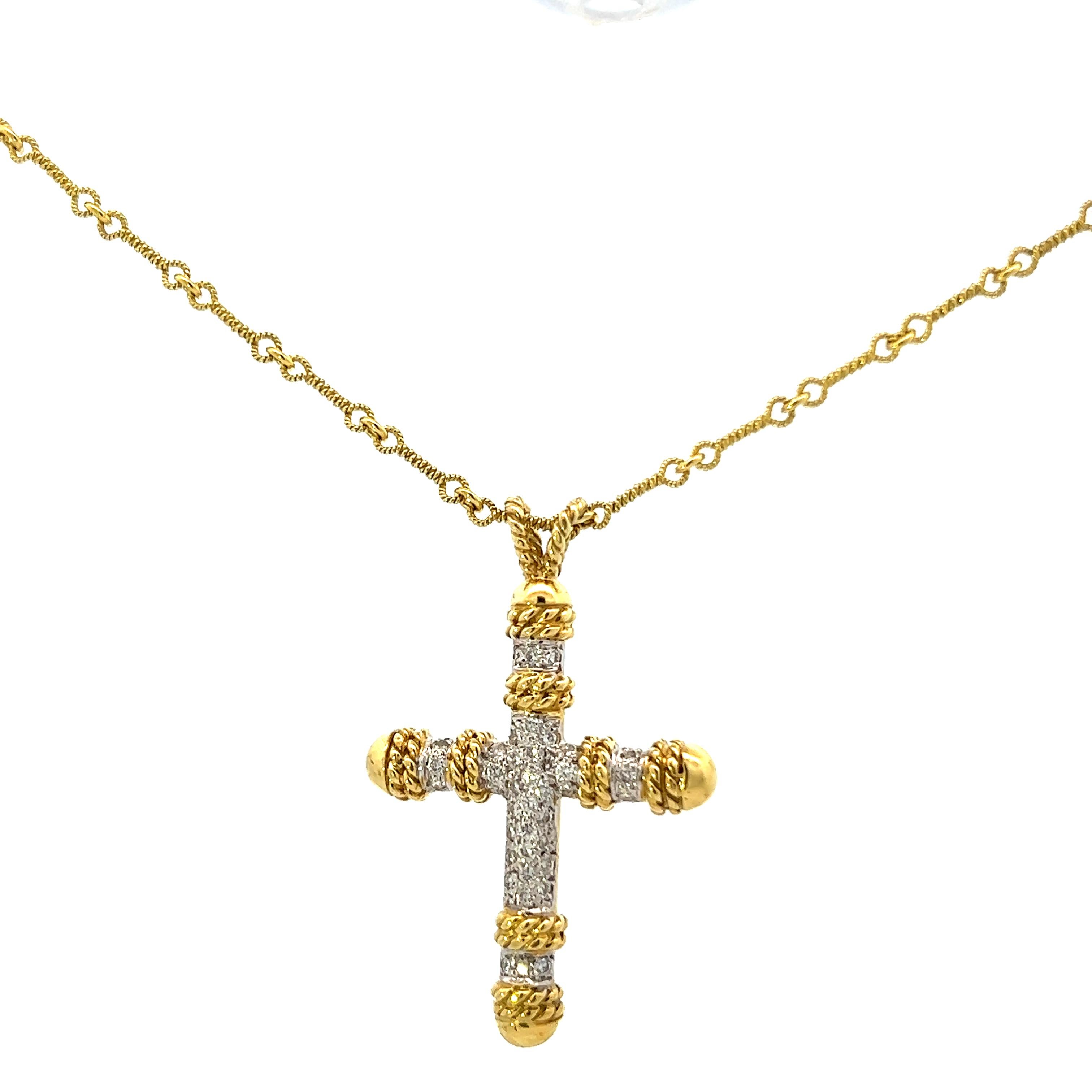 18K Yellow and White Gold Diamond Cross Pendant w/ Handmade 18k YG Chain  For Sale 1