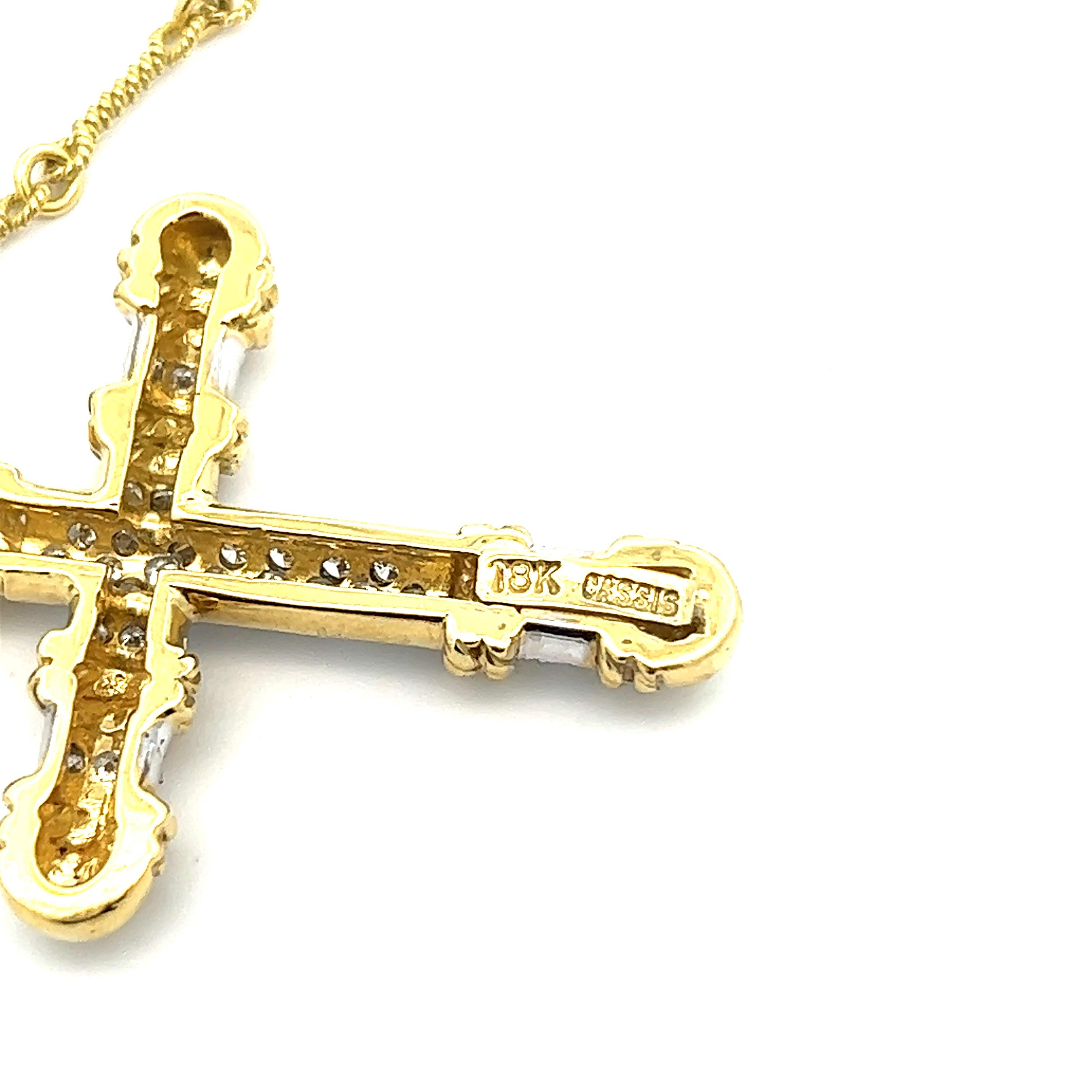 18K Yellow and White Gold Diamond Cross Pendant w/ Handmade 18k YG Chain  For Sale 2