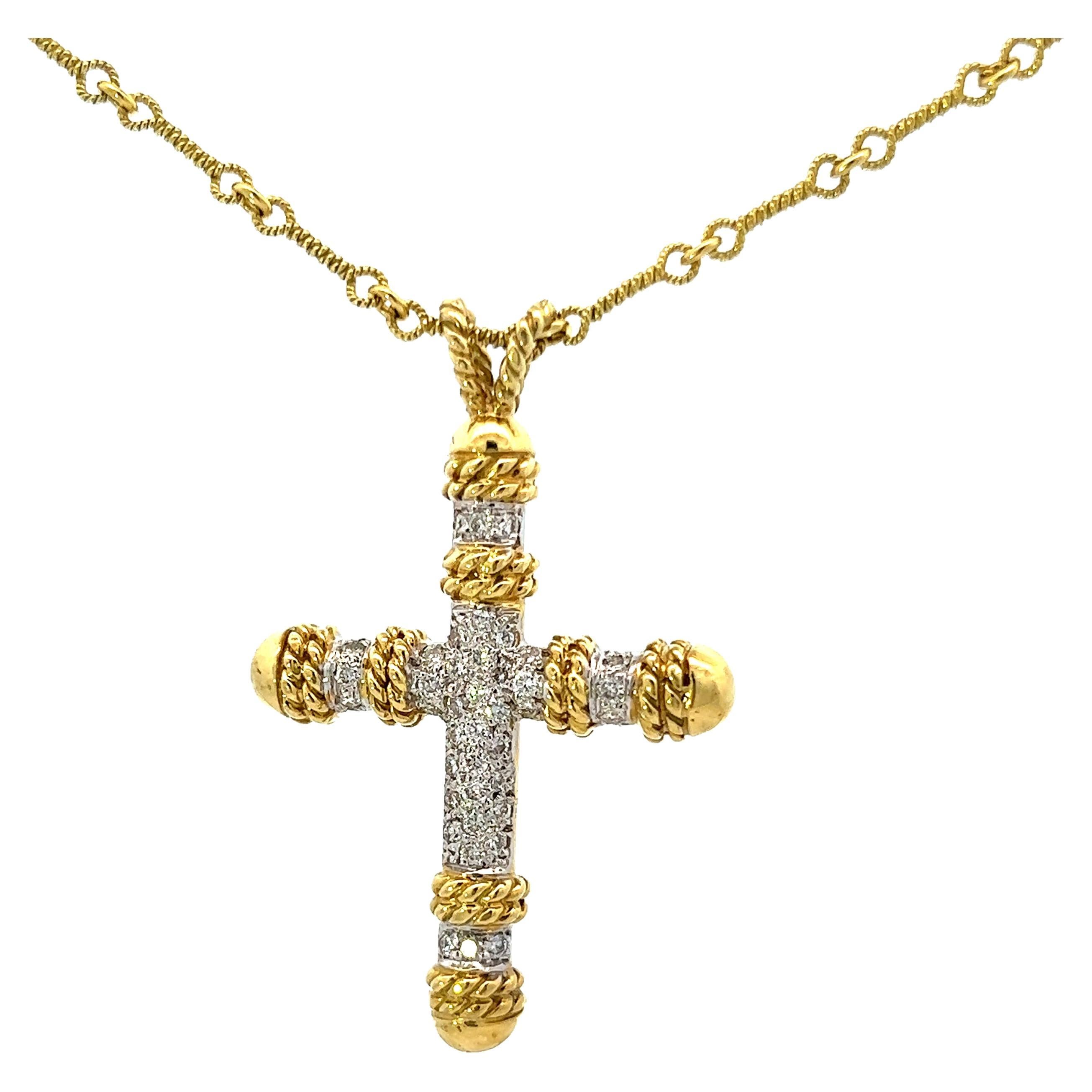 18K Yellow and White Gold Diamond Cross Pendant w/ Handmade 18k YG Chain  For Sale