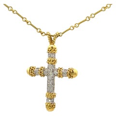 Vintage 18K Yellow and White Gold Diamond Cross Pendant w/ Handmade 18k YG Chain 