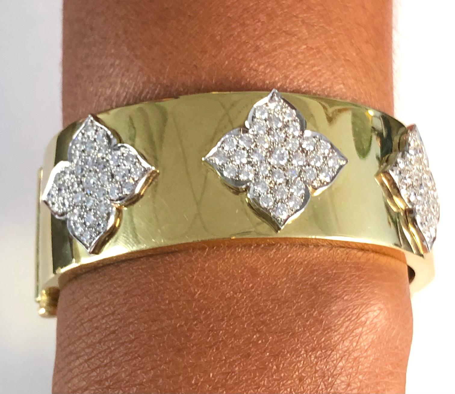 Women's 18 Karat Yellow and White Gold Diamond Cuff-Bangle Bracelet For Sale