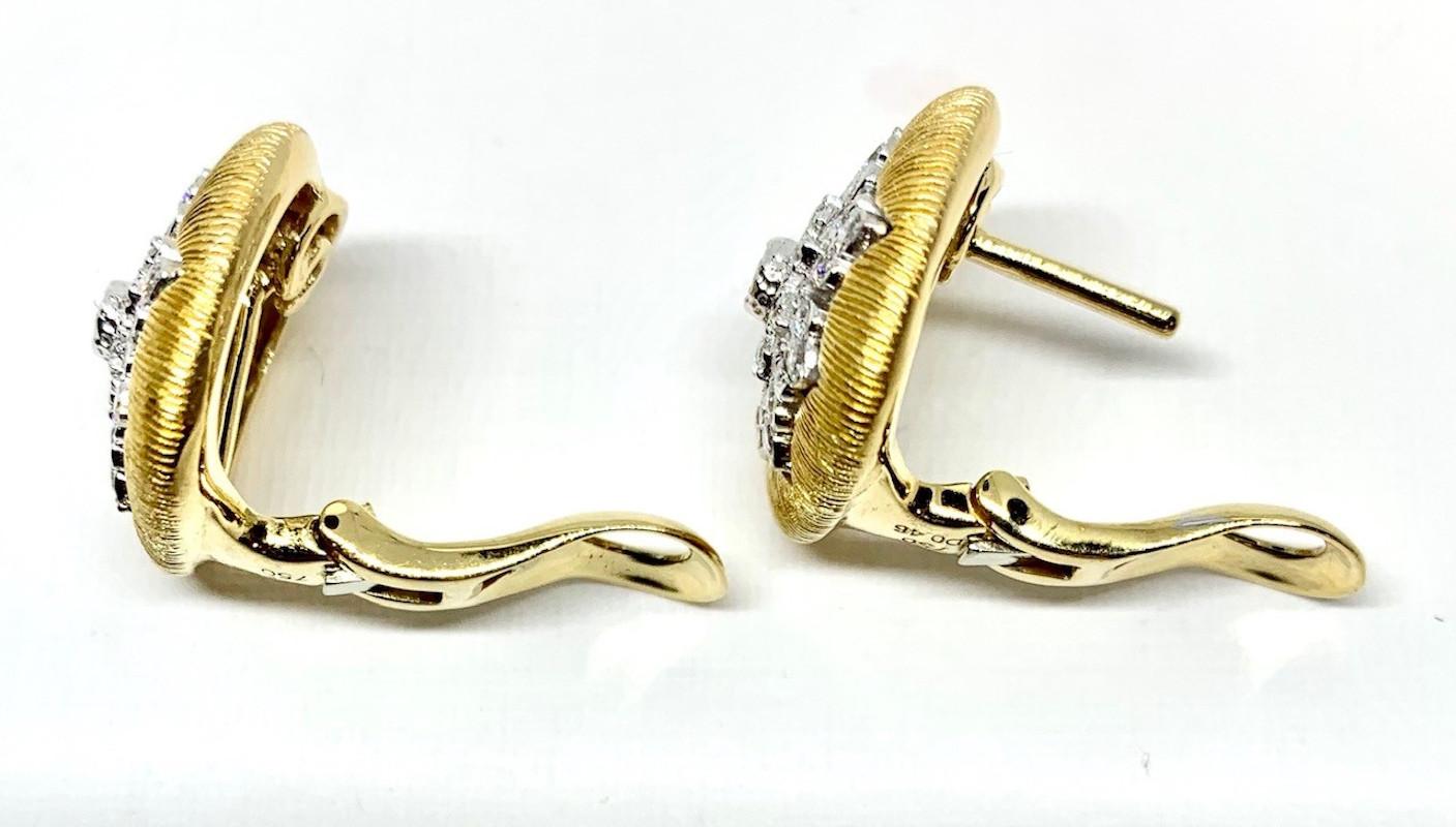 Florentine Diamond French Clip Earrings in 18k Yellow and White Gold  For Sale 3