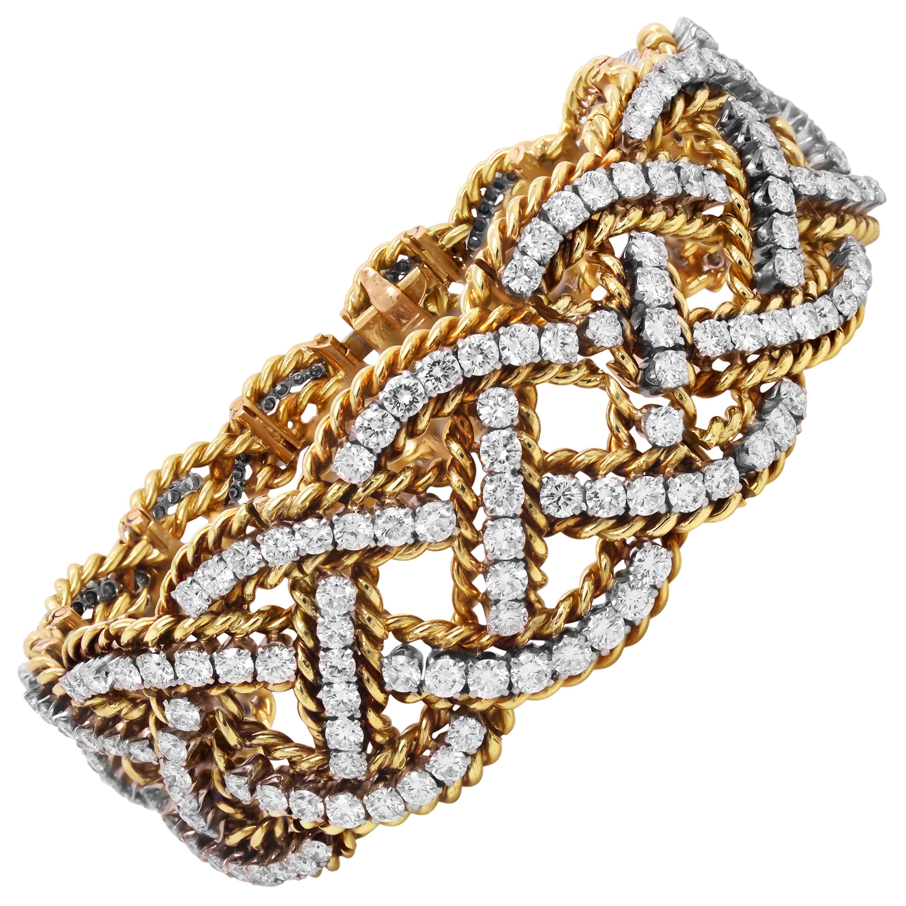 18K Yellow and White Gold Diamond Graduated Links Twisted Style Retro Bracelet