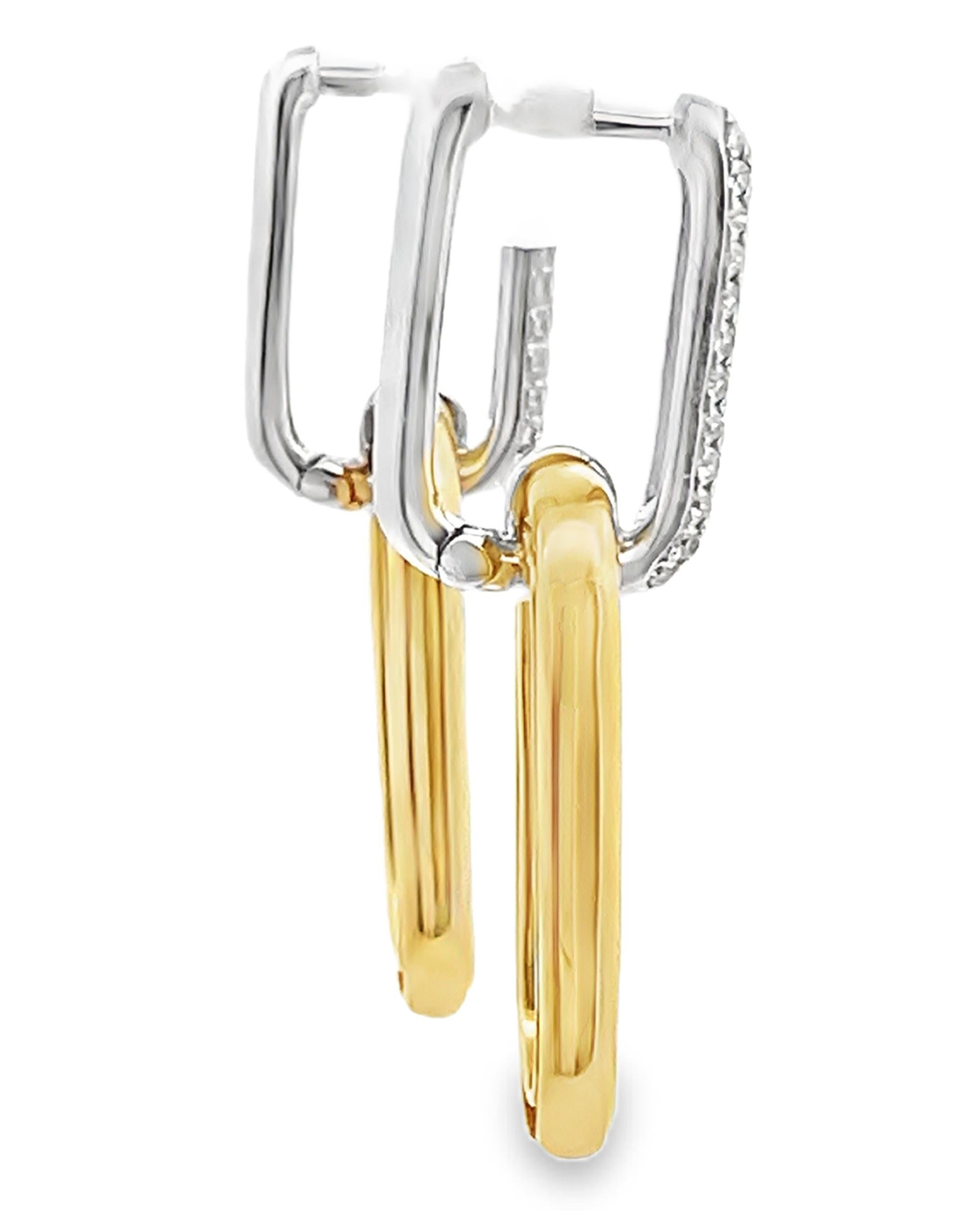 Contemporary 18K Yellow and White Gold Two Tone Paperclip Earrings with Pave Set Diamonds For Sale