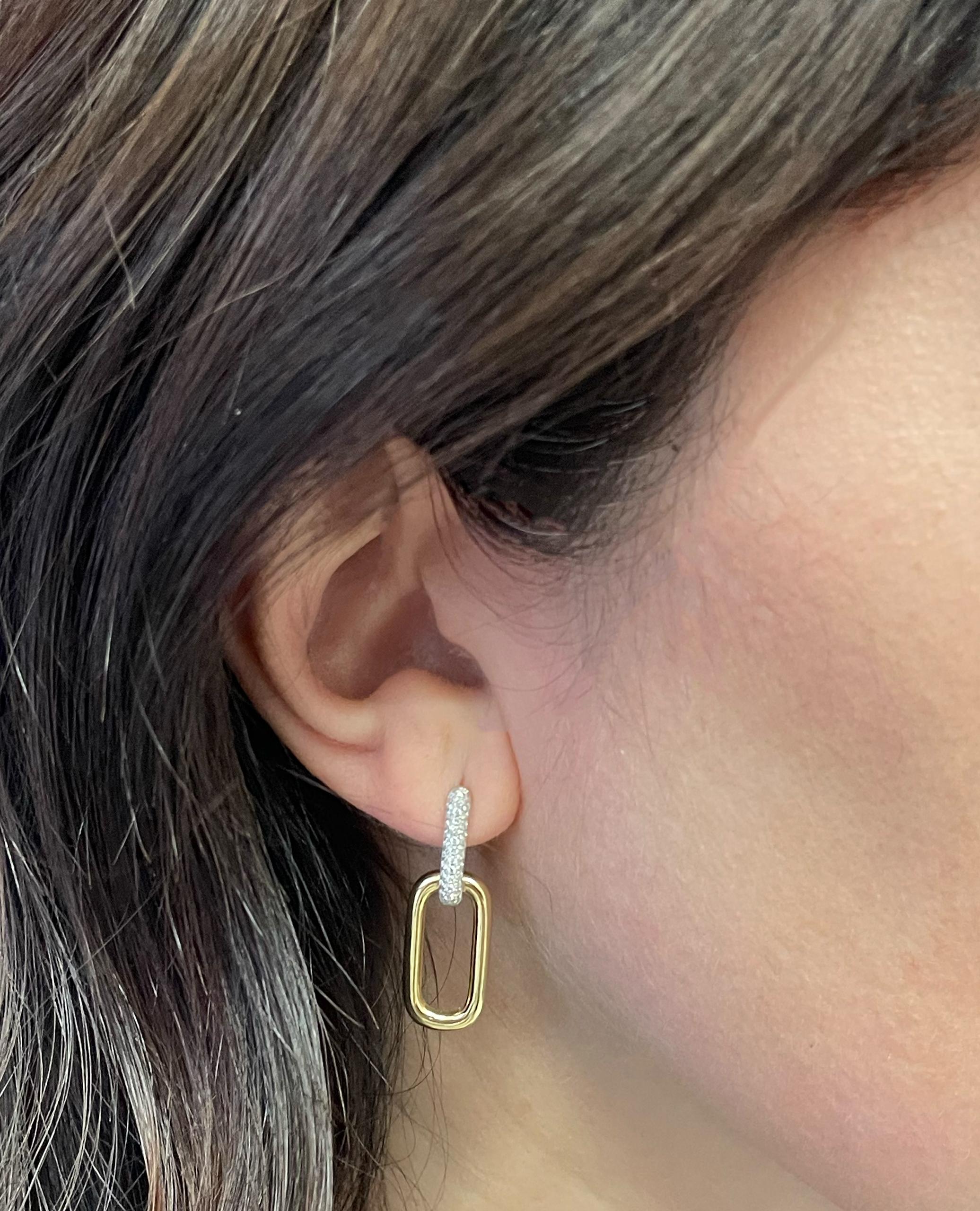 Round Cut 18K Yellow and White Gold Two Tone Paperclip Earrings with Pave Set Diamonds For Sale