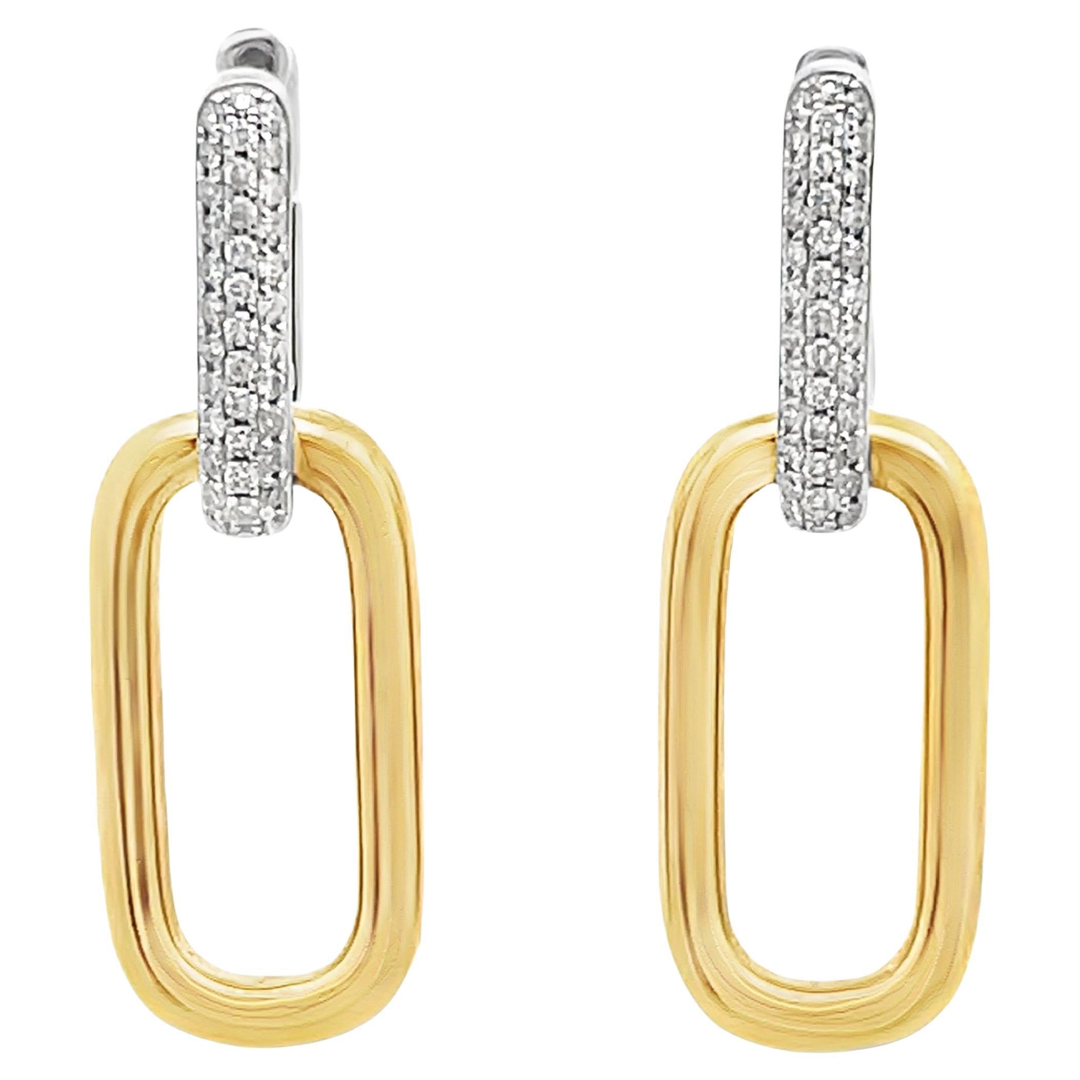 18K Yellow and White Gold Two Tone Paperclip Earrings with Pave Set Diamonds