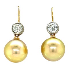 Boucles d'oreilles en or jaune et blanc 18 carats avec diamants de 1,00 carat et perles des mers du Sud