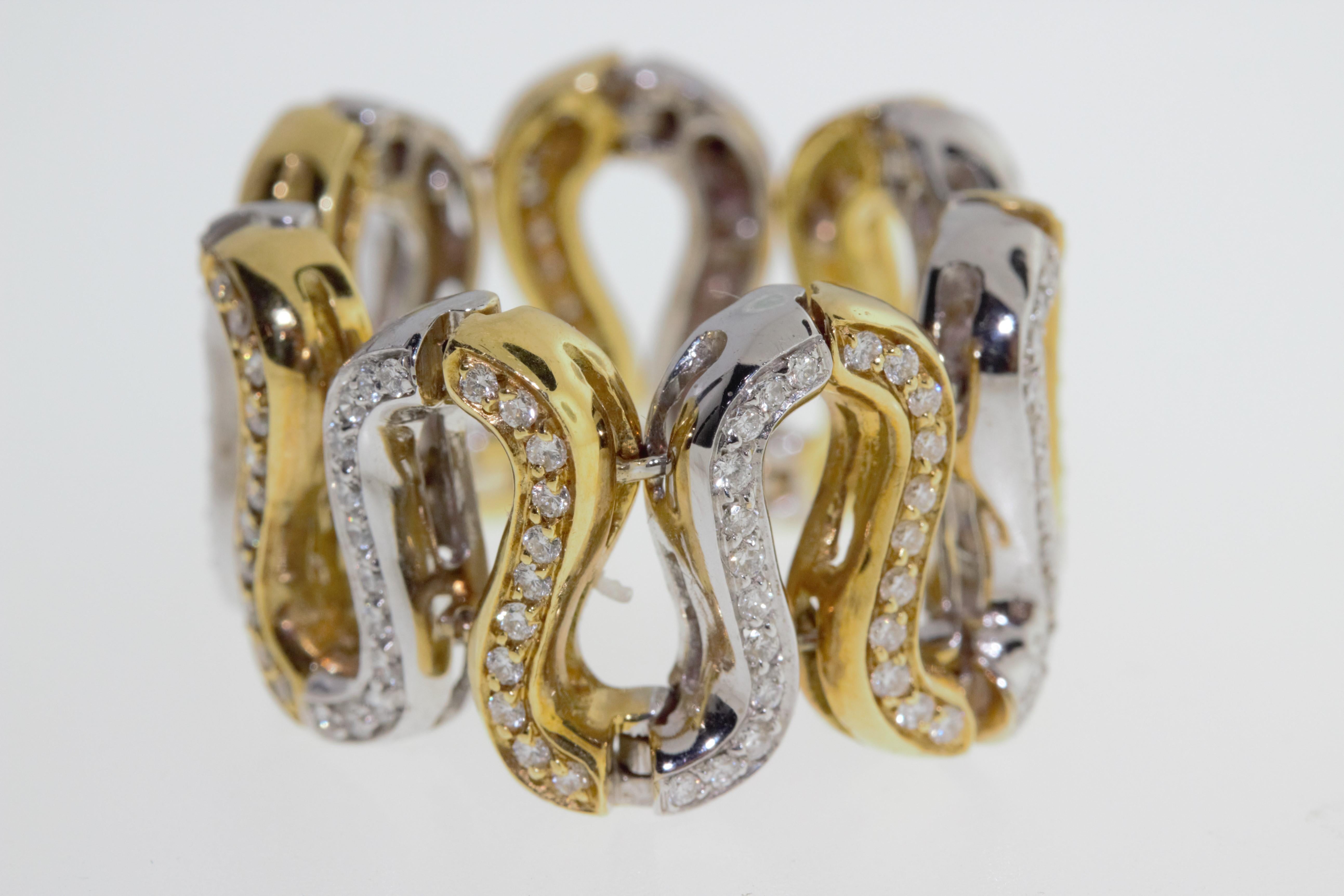 Modern 18 Karat Yellow and White Gold Fashion Snake S-Link Diamond Ring For Sale