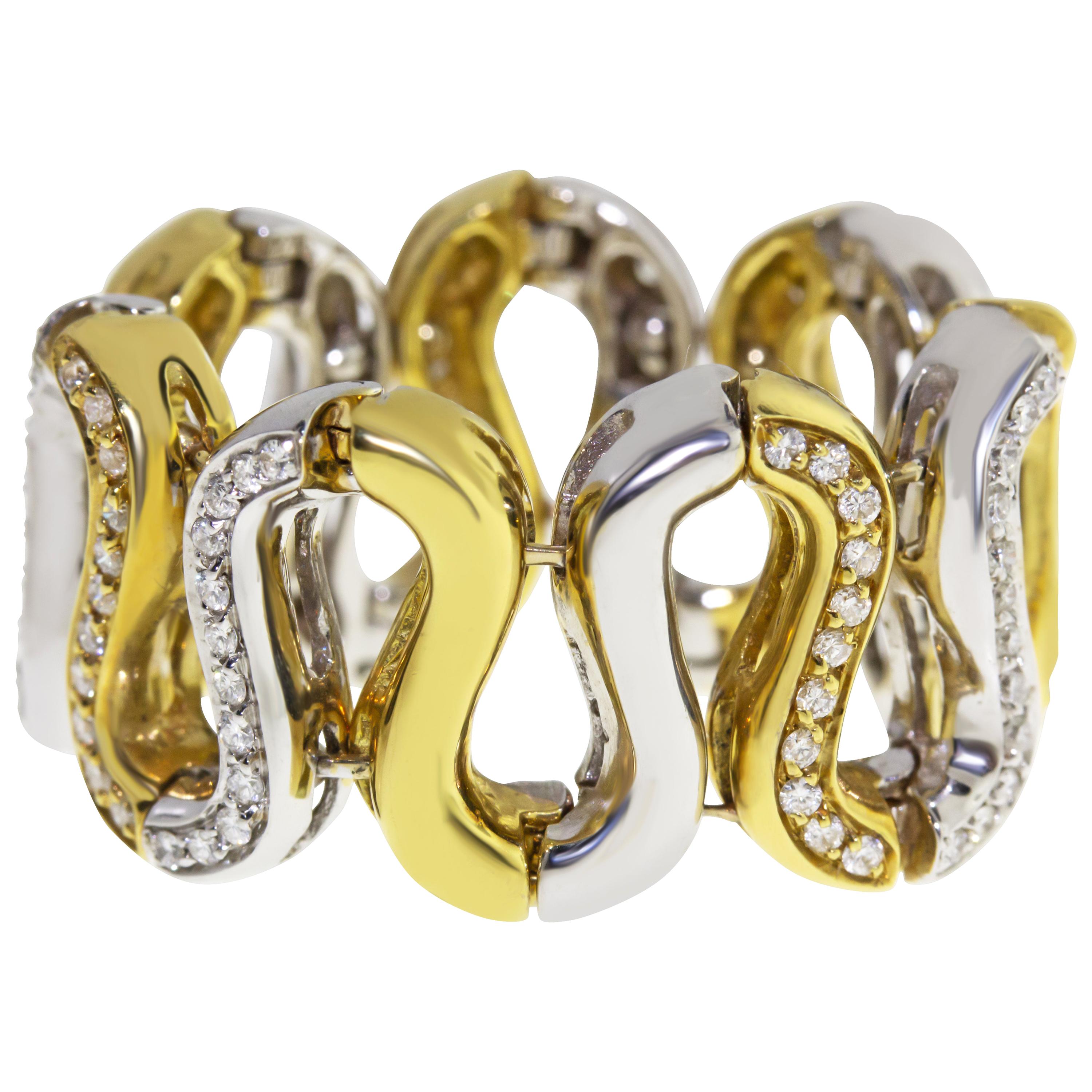 18 Karat Yellow and White Gold Fashion Snake S-Link Diamond Ring For Sale
