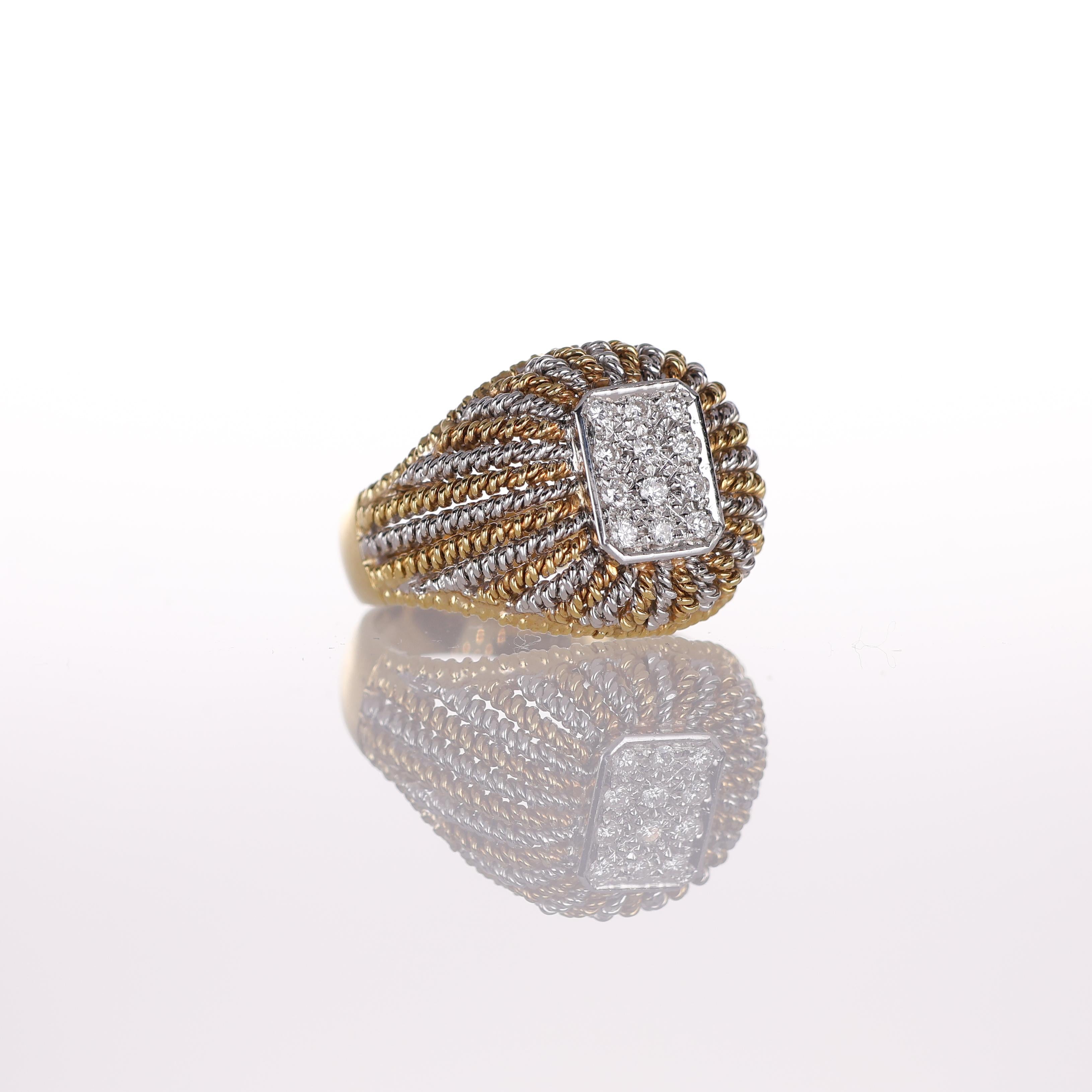 Brilliant Cut 18K Yellow and White Gold Filigree Band Ring with Diamond Pavé For Sale