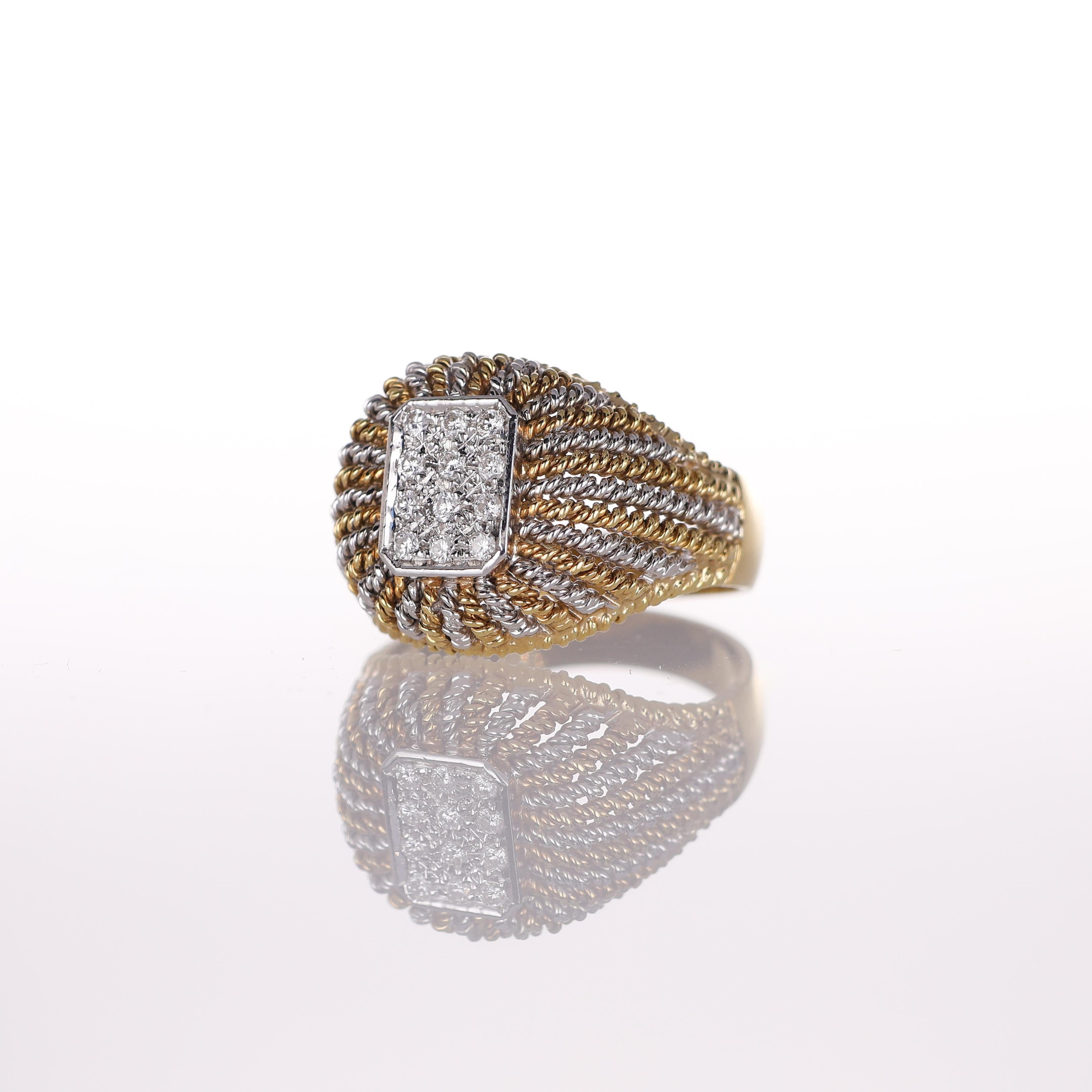 18K Yellow and White Gold Filigree Band Ring with Diamond Pavé In New Condition For Sale In Bergamo, BG