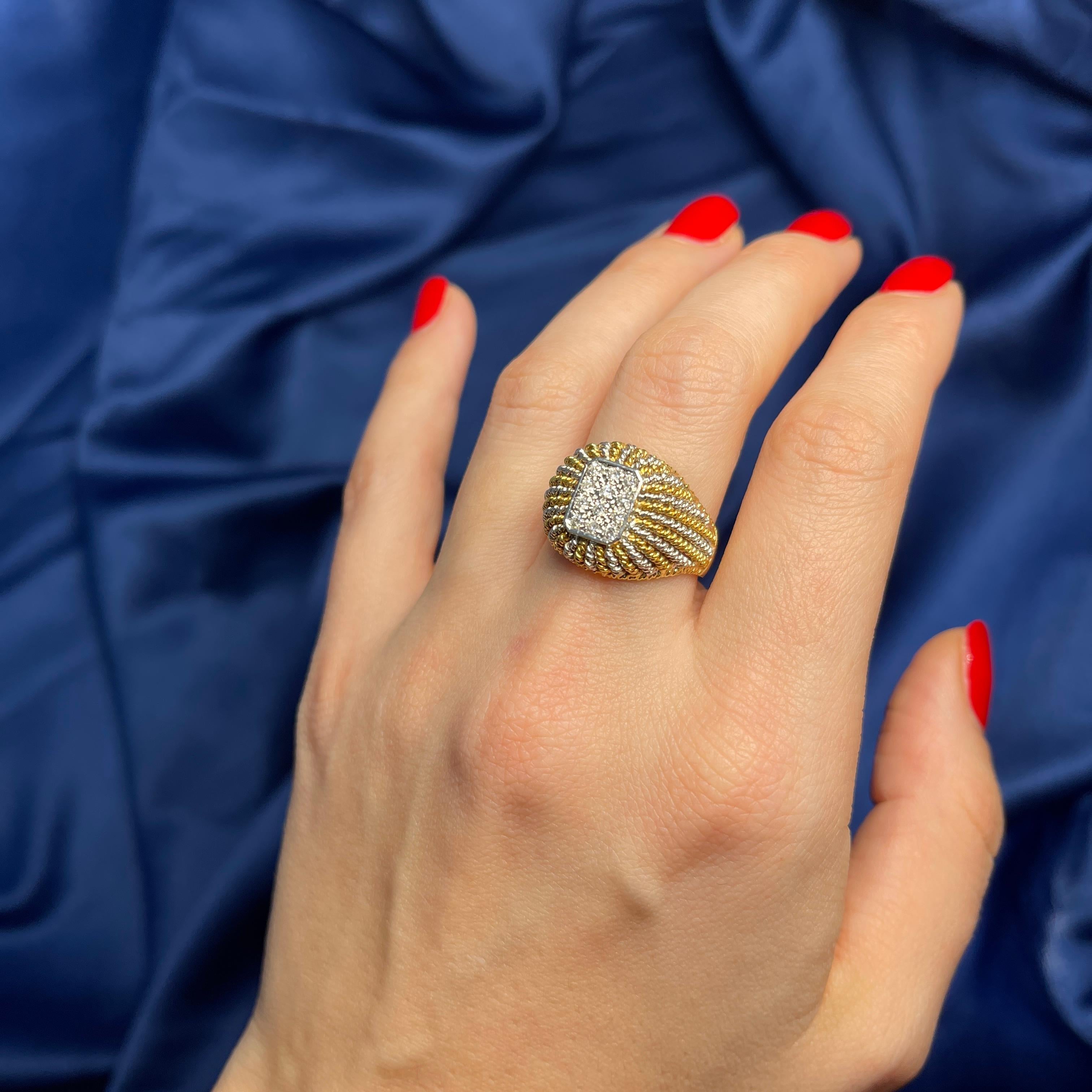18K Yellow and White Gold Filigree Band Ring with Diamond Pavé For Sale 2