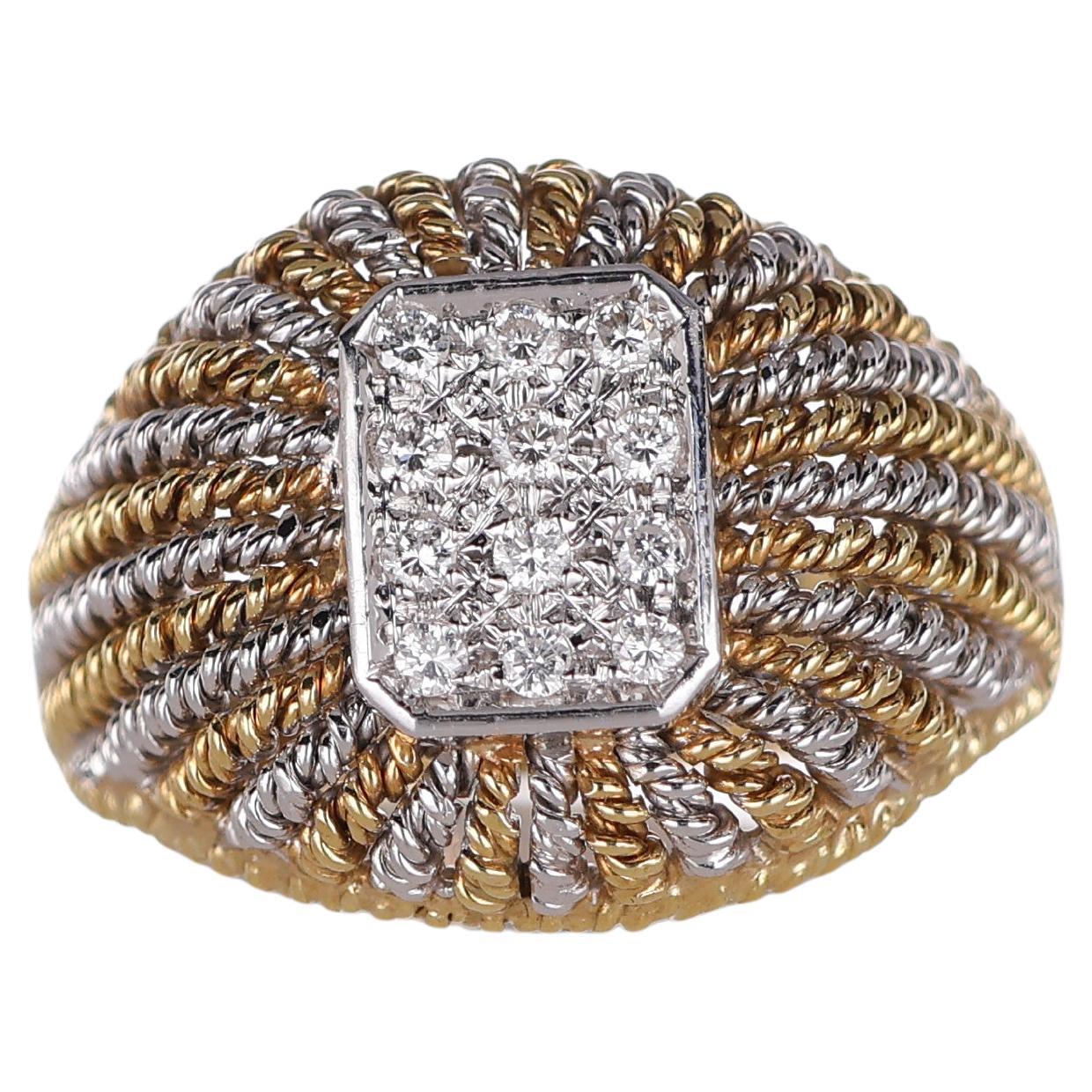 18K Yellow and White Gold Filigree Band Ring with Diamond Pavé
