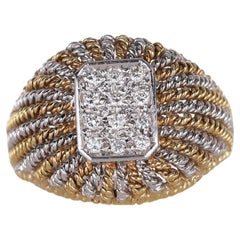 18K Yellow and White Gold Filigree Band Ring with Diamond Pavé