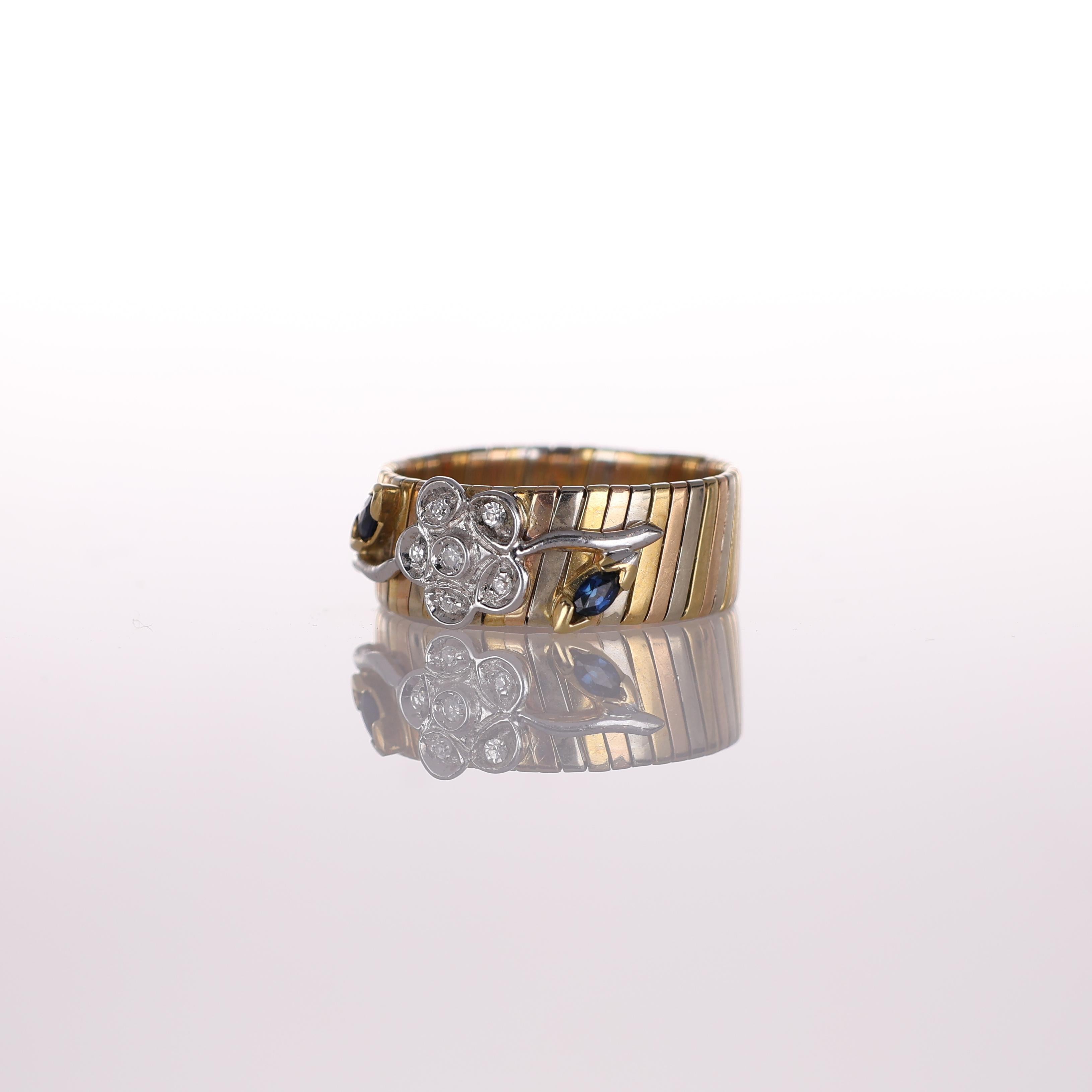 18K Yellow and White Gold Floral Band Ring with Diamonds and Sapphires In New Condition For Sale In Bergamo, BG