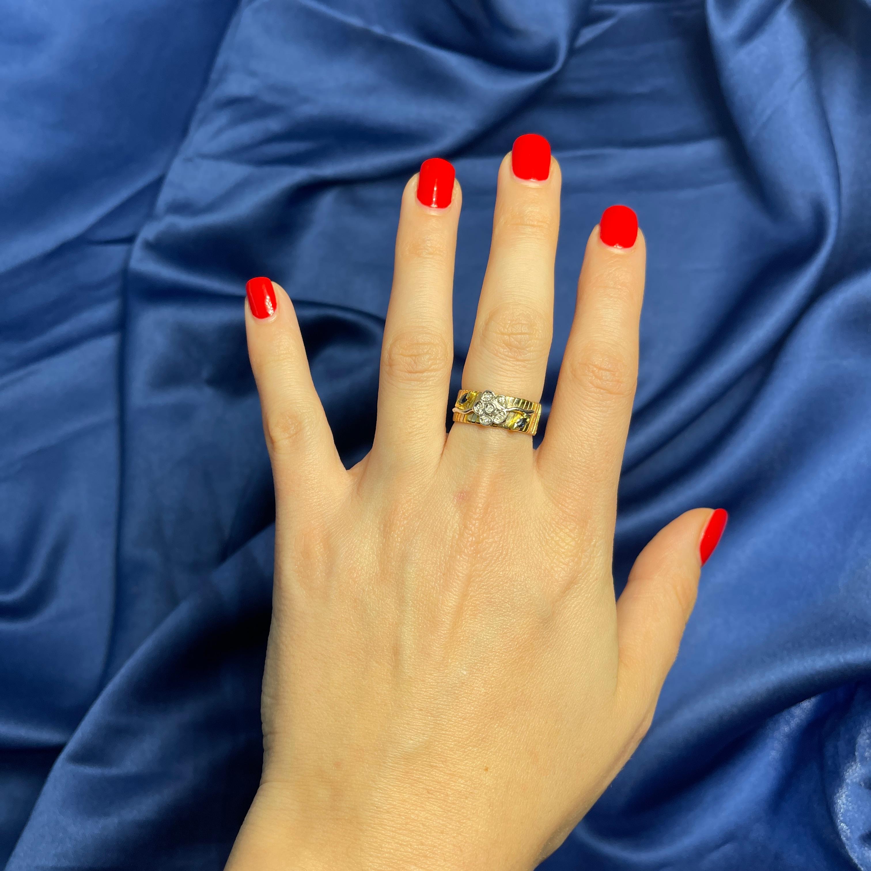 18K Yellow and White Gold Floral Band Ring with Diamonds and Sapphires For Sale 1