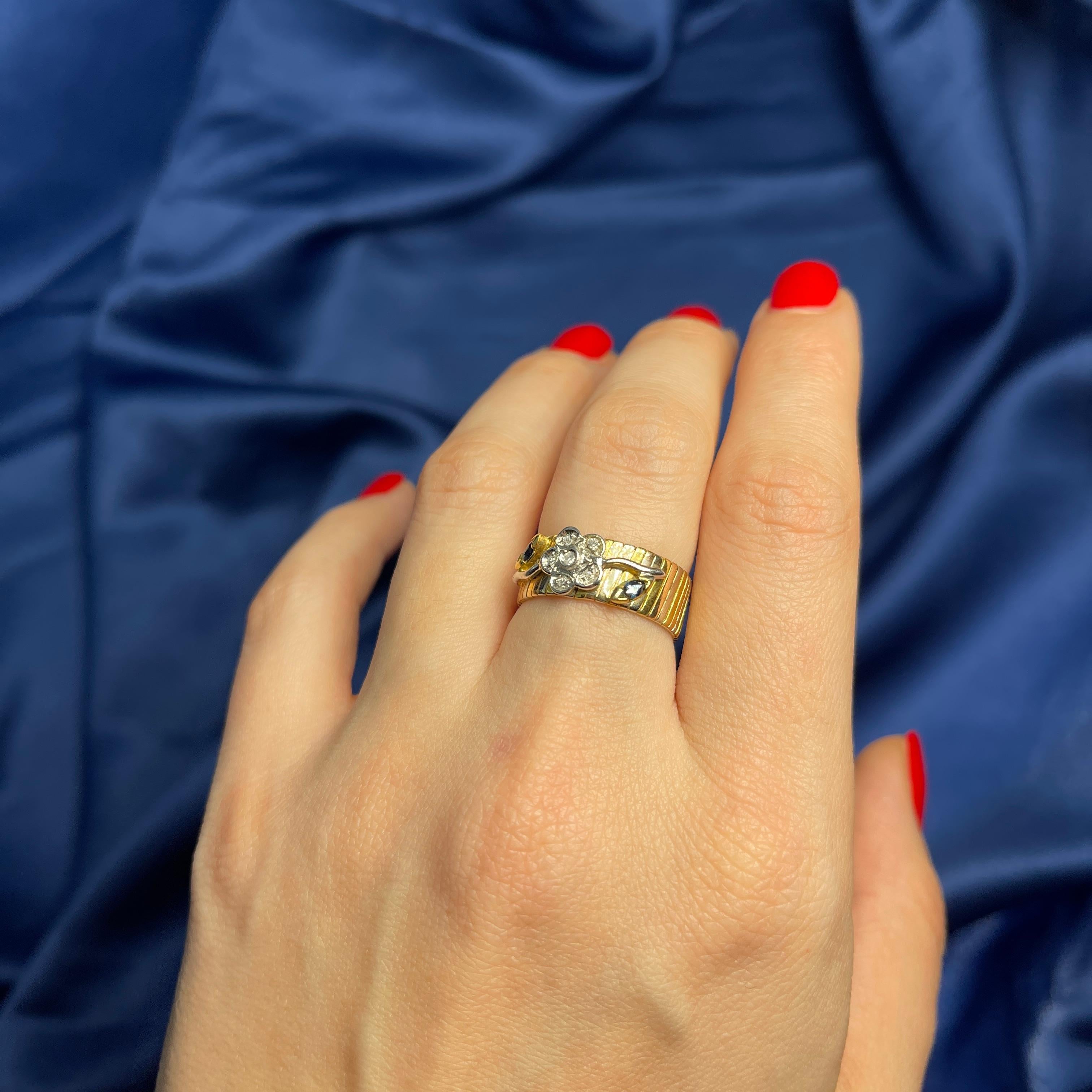18K Yellow and White Gold Floral Band Ring with Diamonds and Sapphires For Sale 2