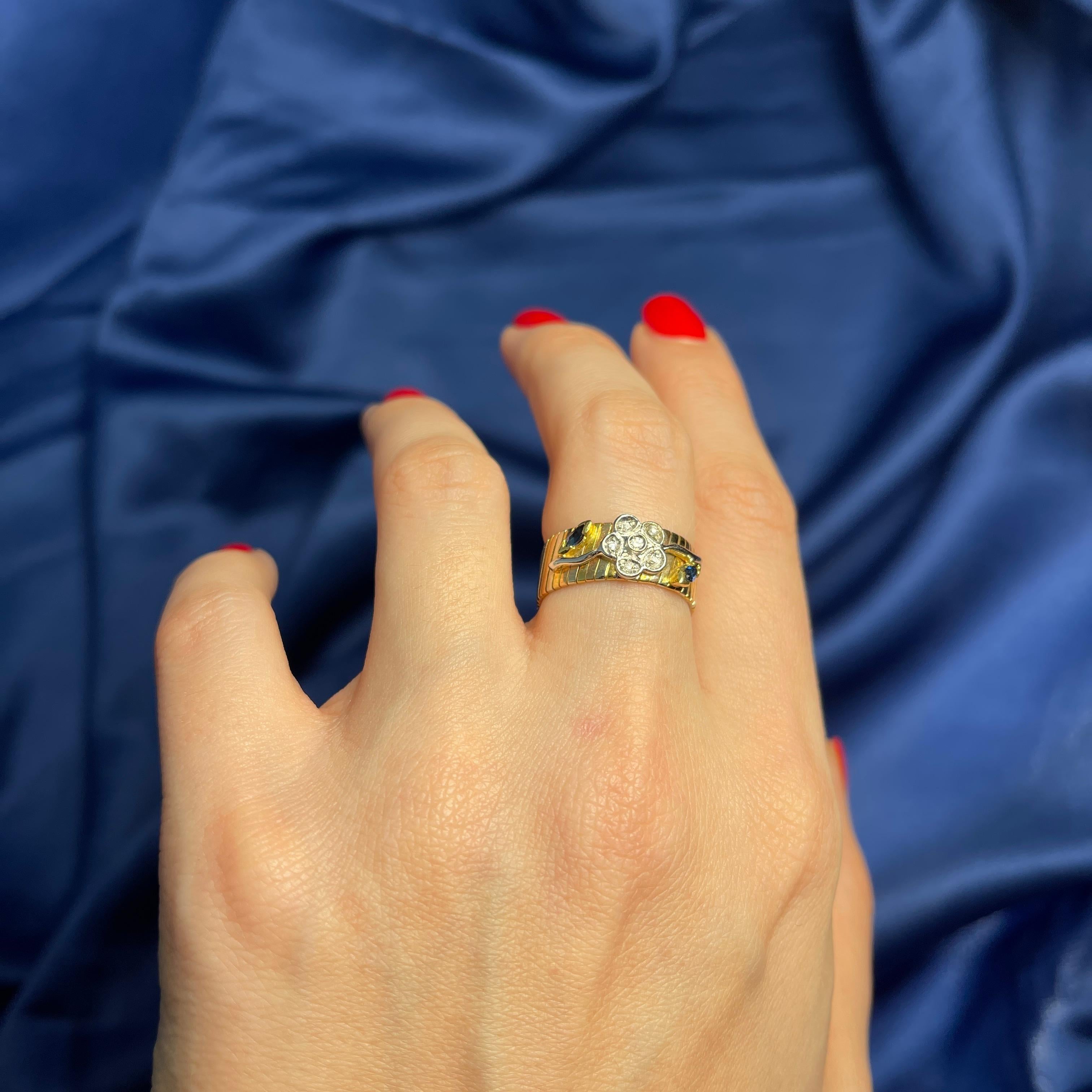18K Yellow and White Gold Floral Band Ring with Diamonds and Sapphires For Sale 3
