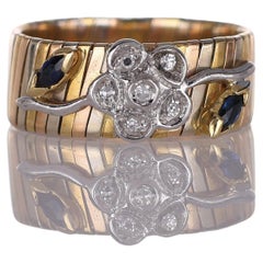 18K Yellow and White Gold Floral Band Ring with Diamonds and Sapphires