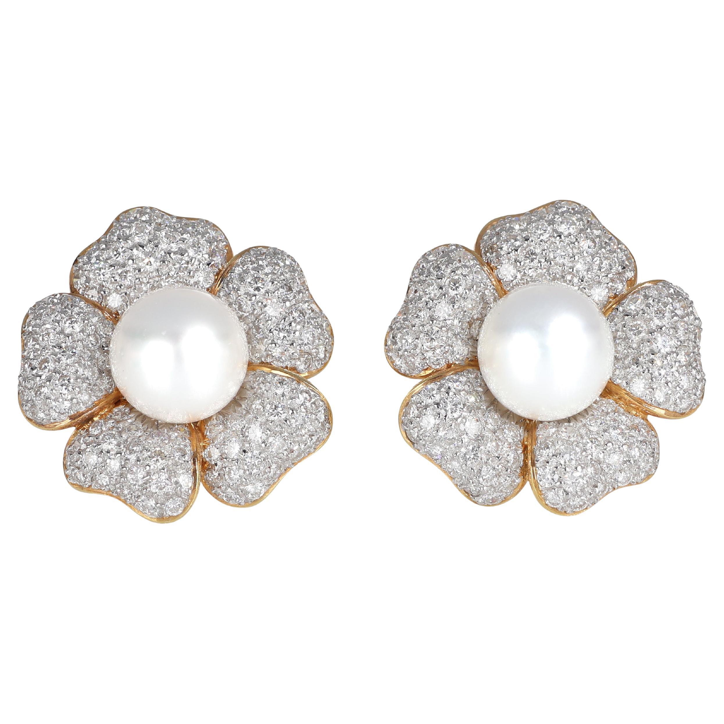 18K Yellow and White Gold Floral Stud Earrings with Natural Pearl and Pave Diamo
