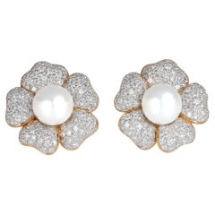 18K Yellow and White Gold Floral Stud Earrings with Natural Pearl and Pave Diamo