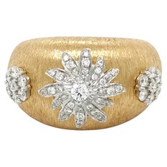 18K Yellow and White Gold Flower Diamond Dome Ring in Florentine Finish