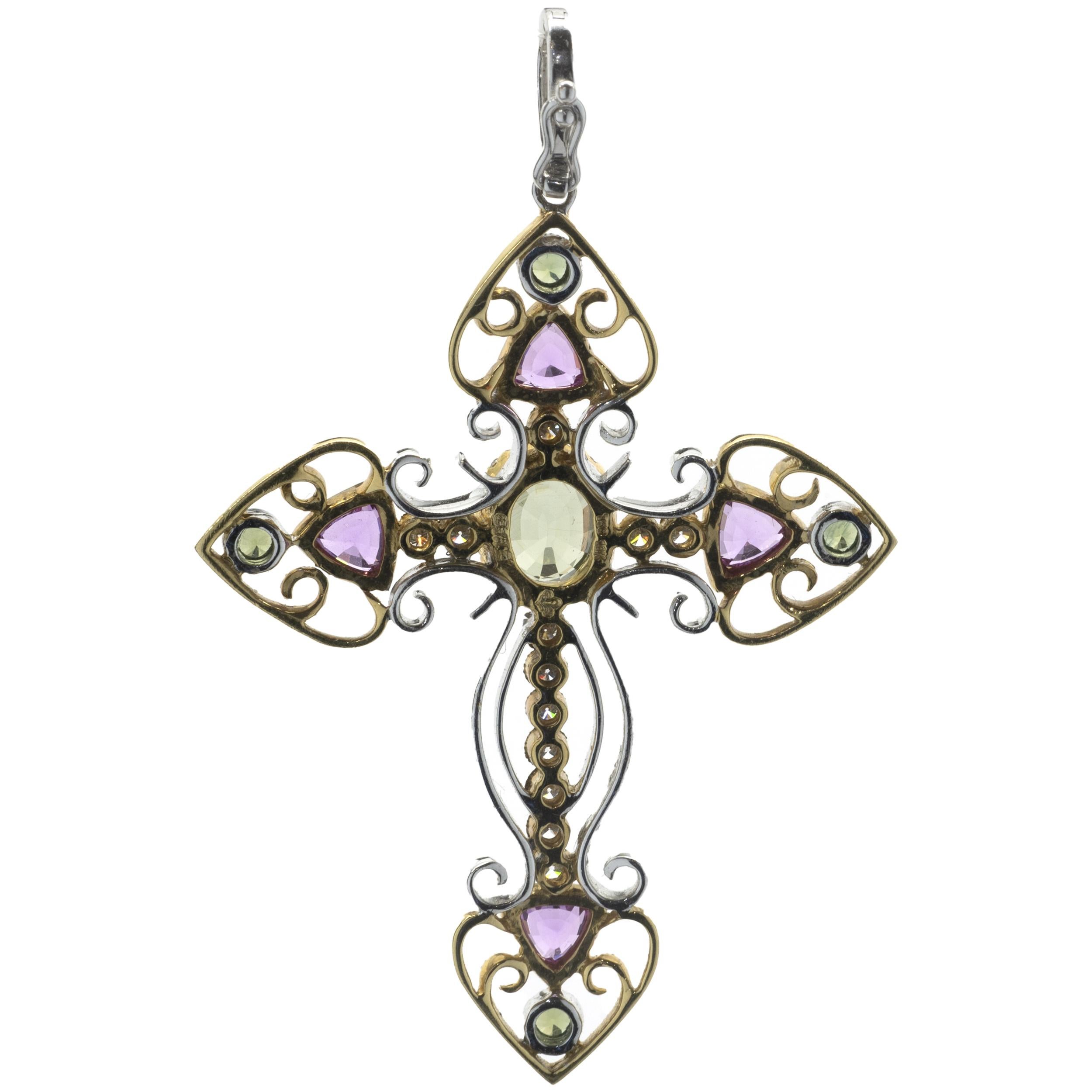 Designer: custom
Material: 18K yellow and white gold
Green Sapphire: 2.35cttw
Pink Sapphire: 1.50cttw
Diamond: 20 round cut = .50cttw
Color: G
Clarity: SI1
Dimensions: pendant measures 60 X 40mm
Weight: 10.63 grams
