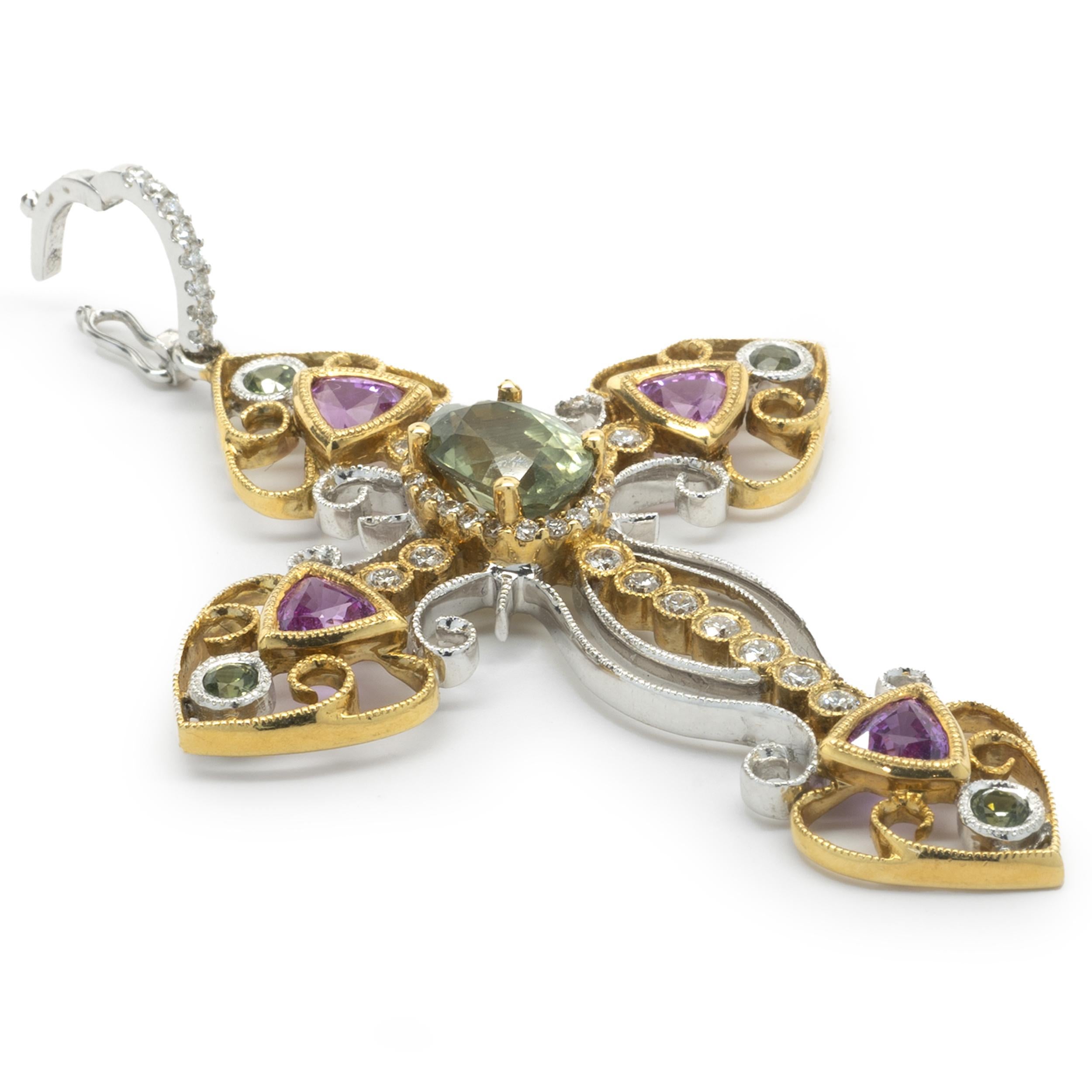 Mixed Cut 18k Yellow and White Gold Green/Pink Sapphire and Diamond Maltese Cross Pendant