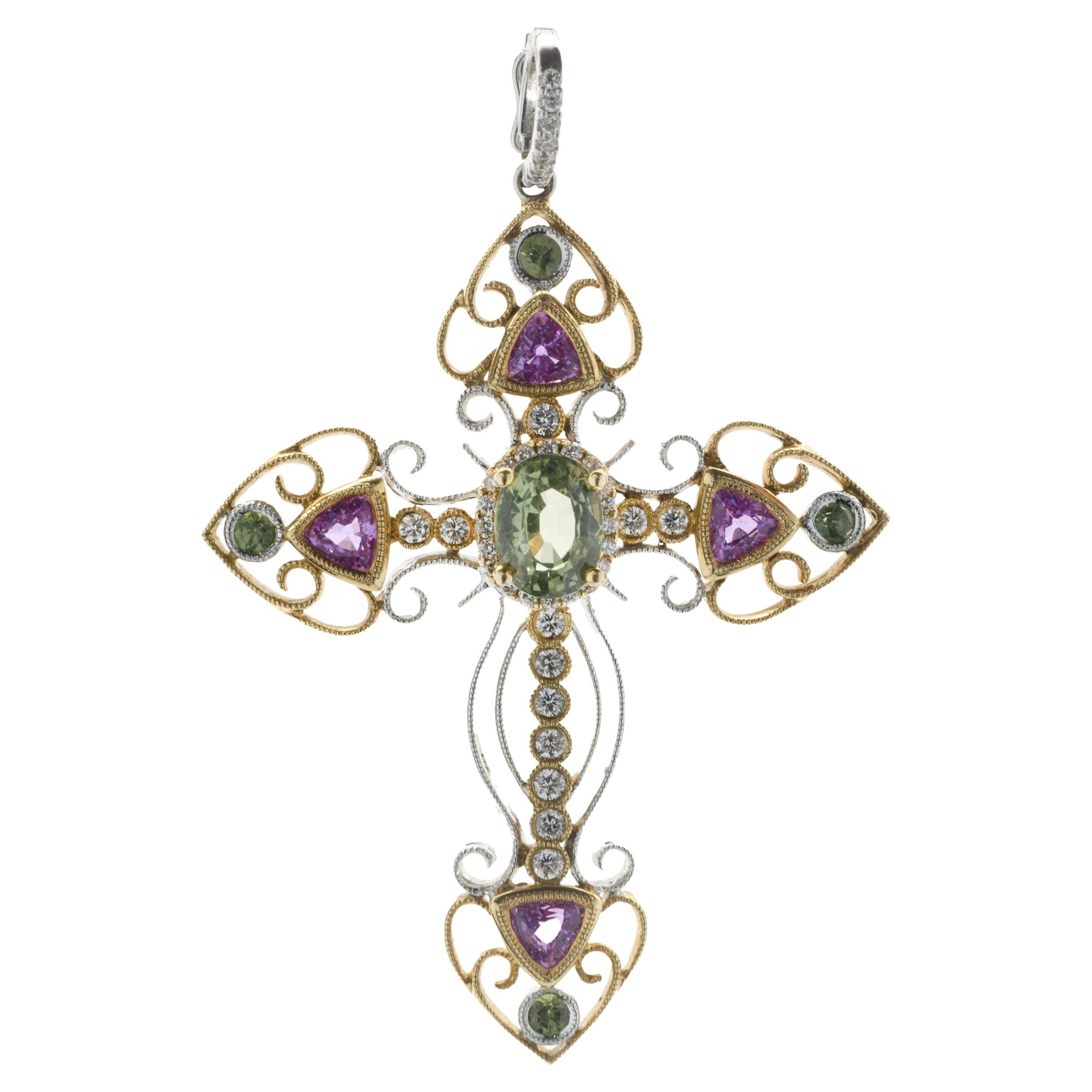 18k Yellow and White Gold Green/Pink Sapphire and Diamond Maltese Cross Pendant