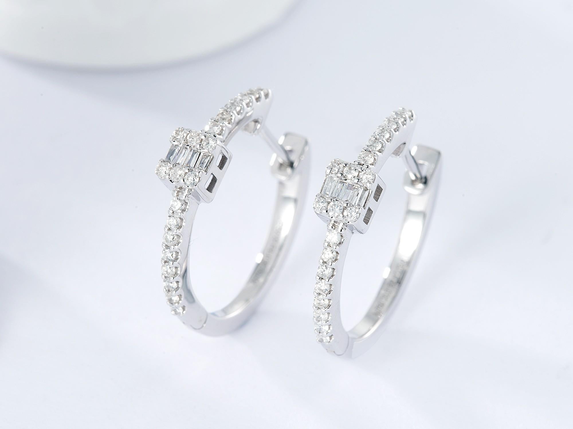 Square Cut 18K Yellow and White Gold Half-Hoop Earrings with Natural Square Diamond Accents For Sale