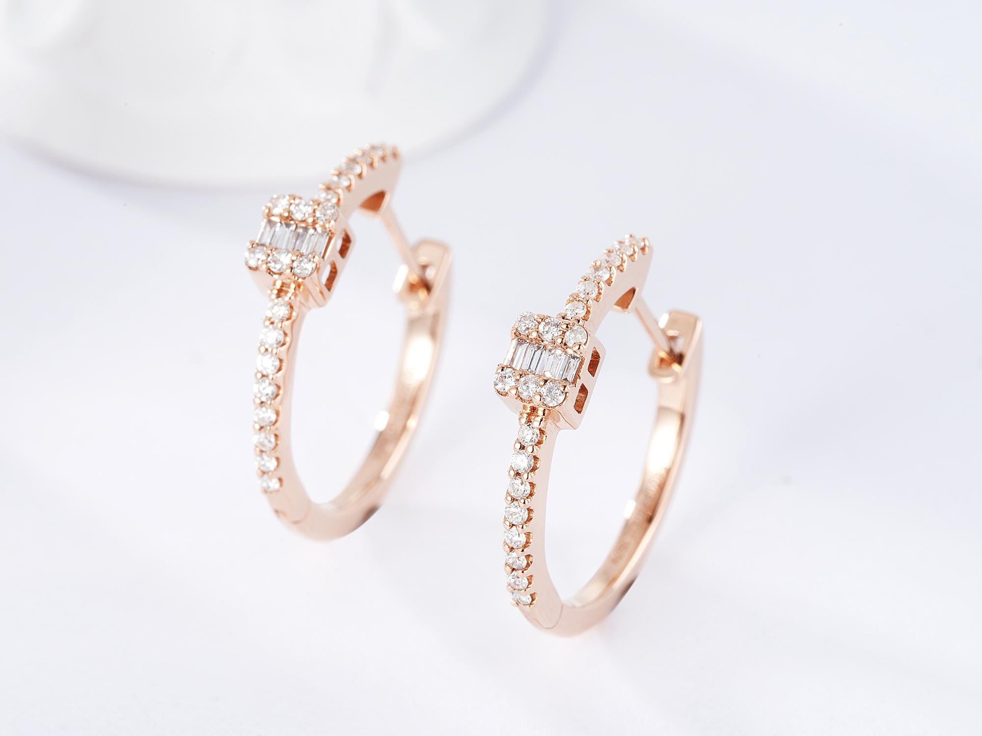 18K Yellow and White Gold Half-Hoop Earrings with Natural Square Diamond Accents For Sale 1