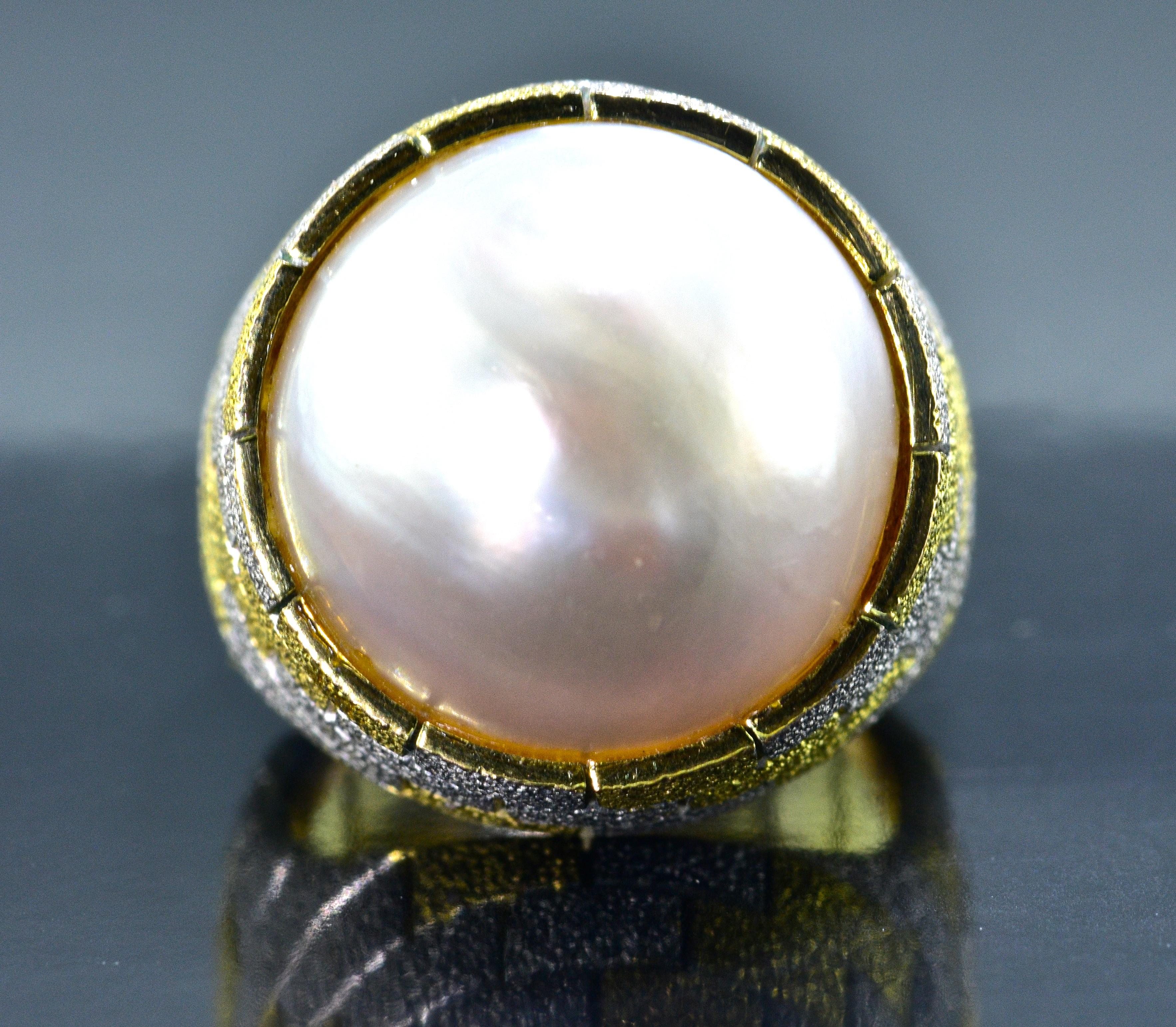 Contemporary 18 Karat Yellow and White Gold Holding a Large Cultured Mabe Pearl, circa 1965