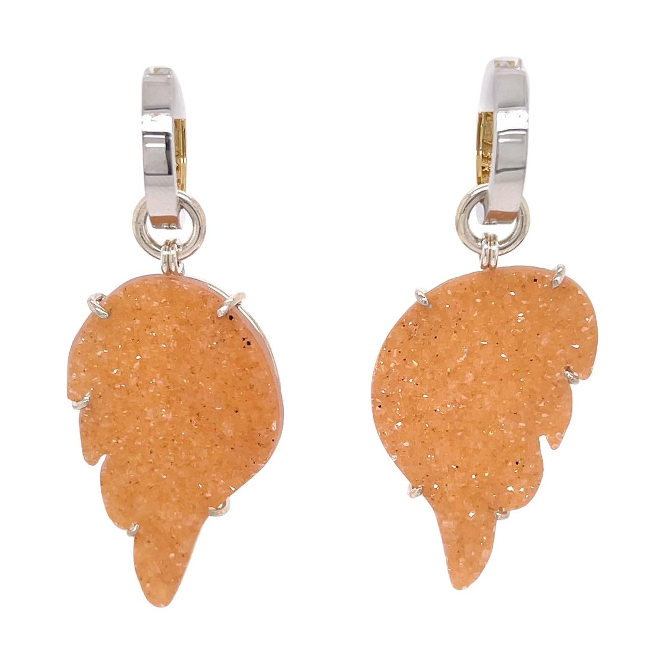 18k Yellow and White Gold Huggie Hoops with Peach Druzy Wing Jackets For Sale