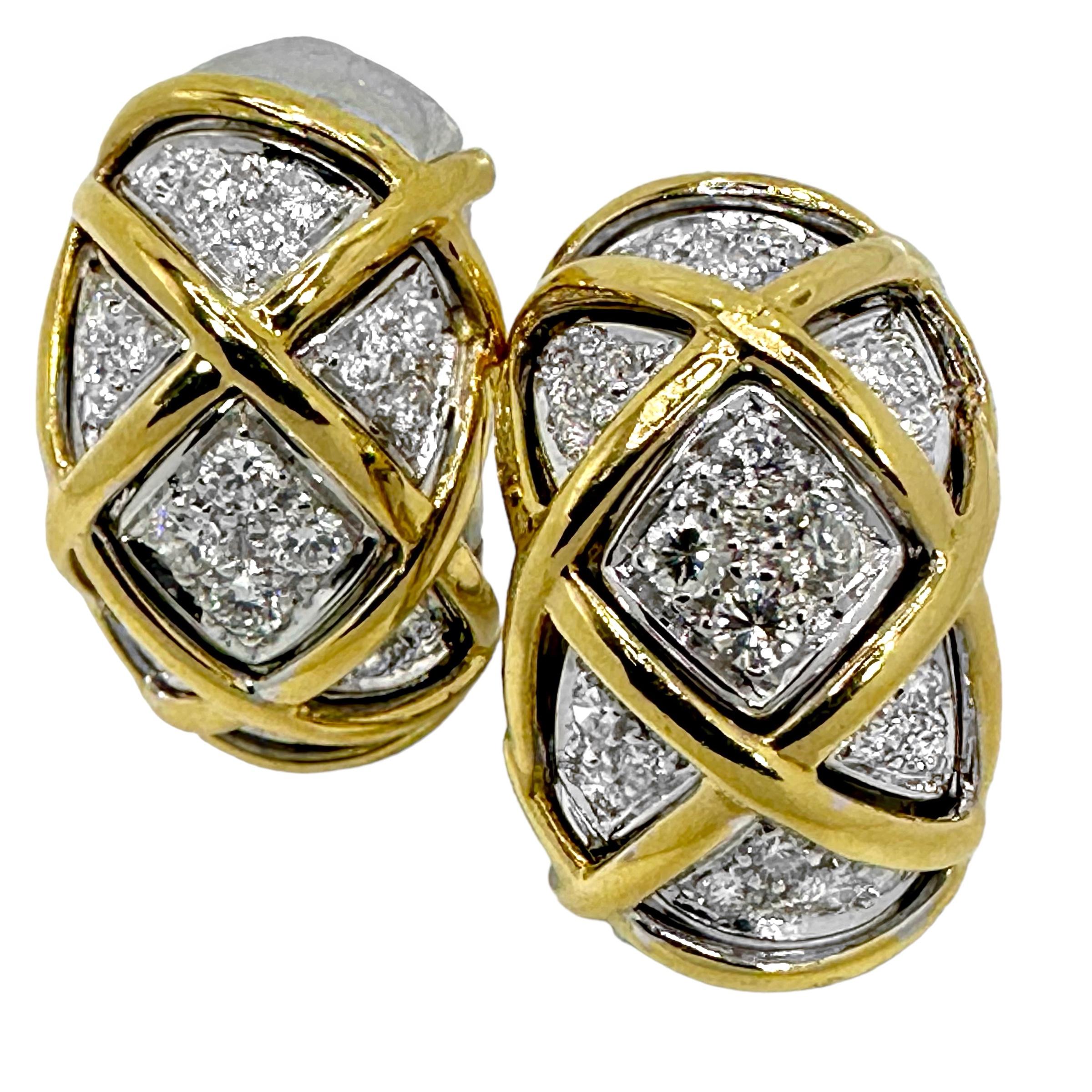 18k Yellow and White Gold Lattice Work Hoop Earrings with Diamonds by Sabbadini For Sale