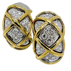 Vintage 18k Yellow and White Gold Lattice Work Hoop Earrings with Diamonds by Sabbadini