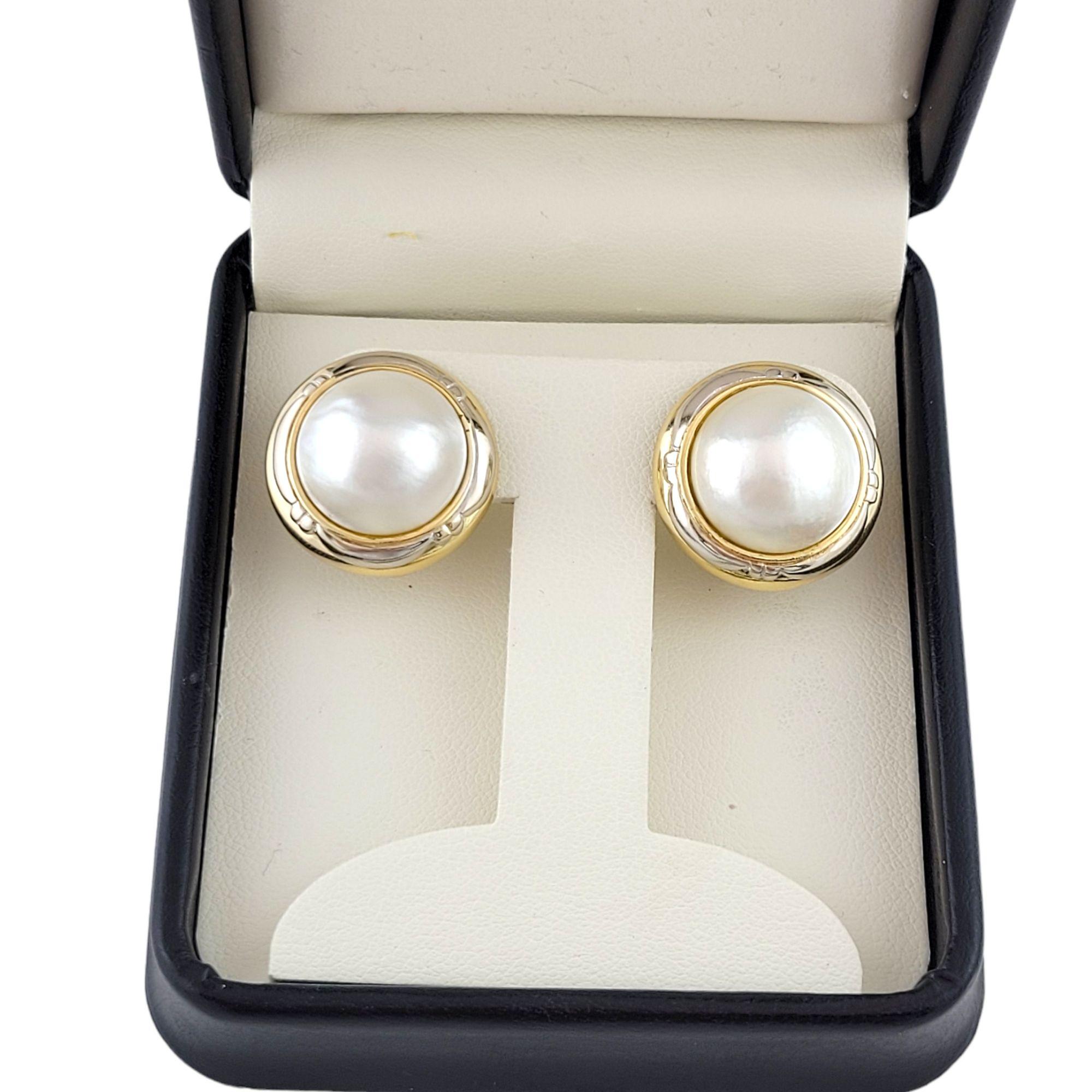 18k Yellow and White Gold Mabe Pearl Earrings For Sale 2
