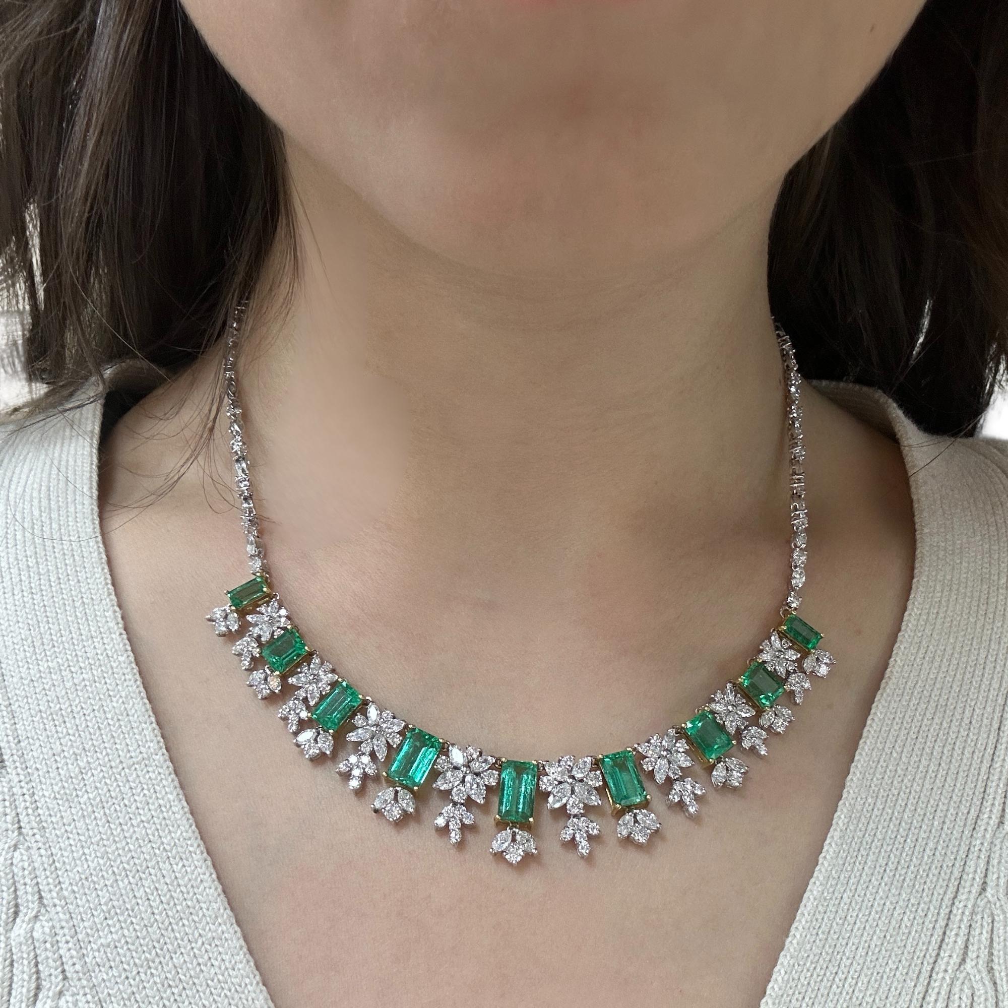 Mixed Cut 18K Yellow and White Gold Marquise Cut Diamond and Emerald Necklace For Sale