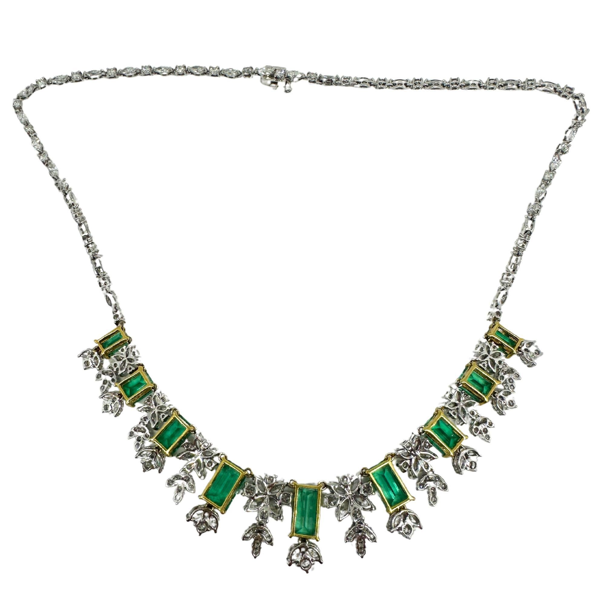Women's 18K Yellow and White Gold Marquise Cut Diamond and Emerald Necklace For Sale