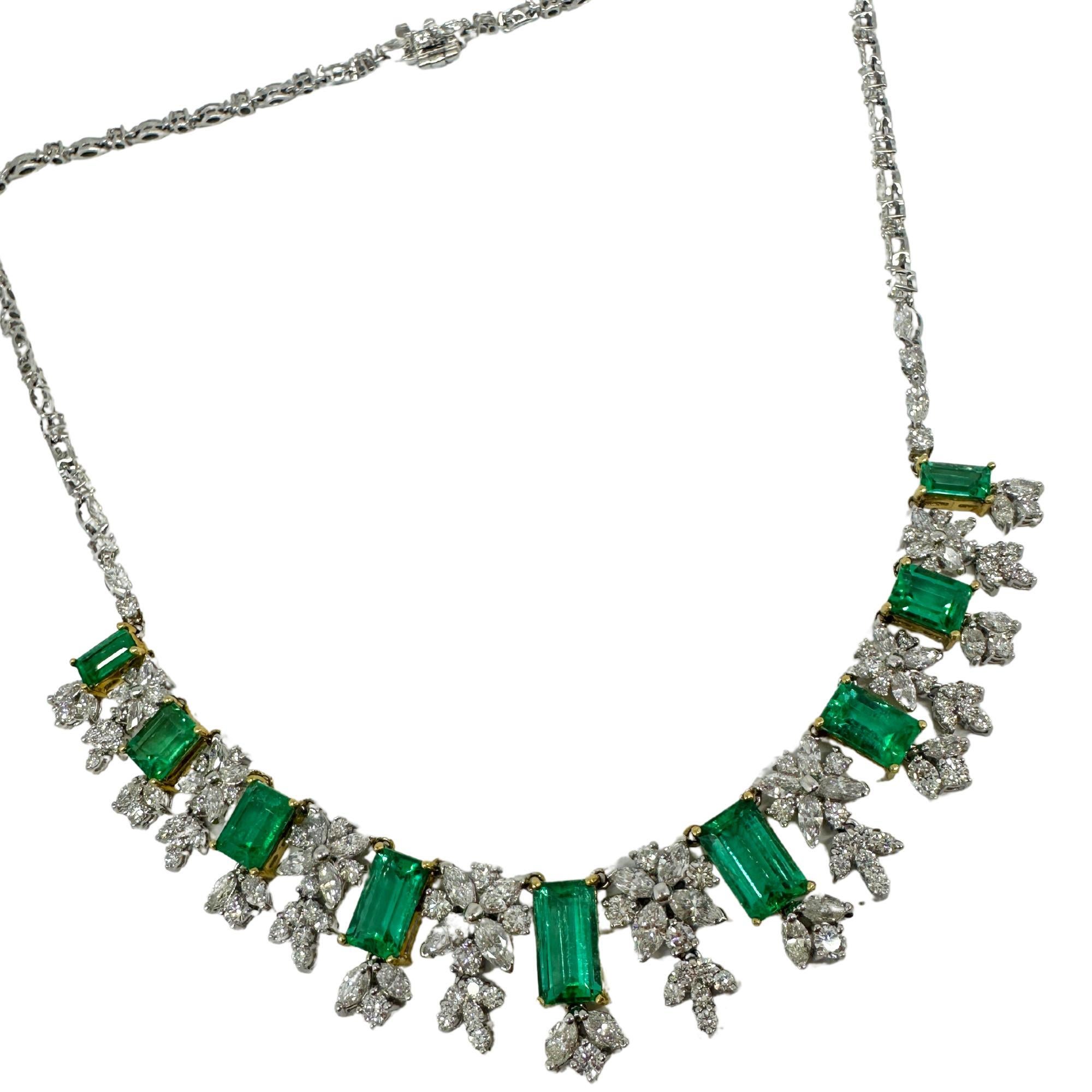 18K Yellow and White Gold Marquise Cut Diamond and Emerald Necklace For Sale 1