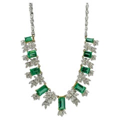 18K Yellow and White Gold Marquise Cut Diamond and Emerald Necklace