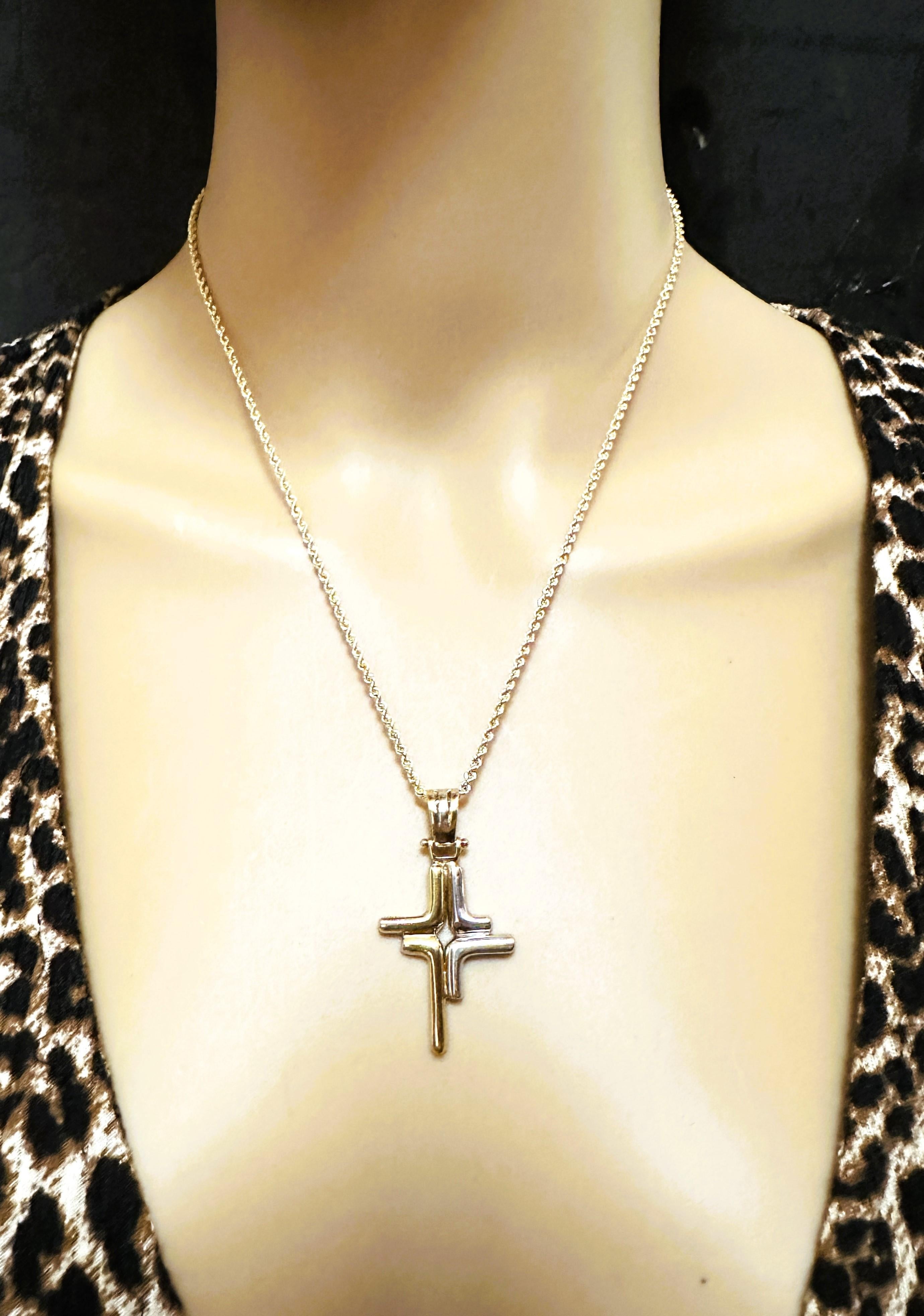 Modernist 18K Yellow and White Gold Modern Cross Pendant with 14k Yellow Gold Chain 18.5