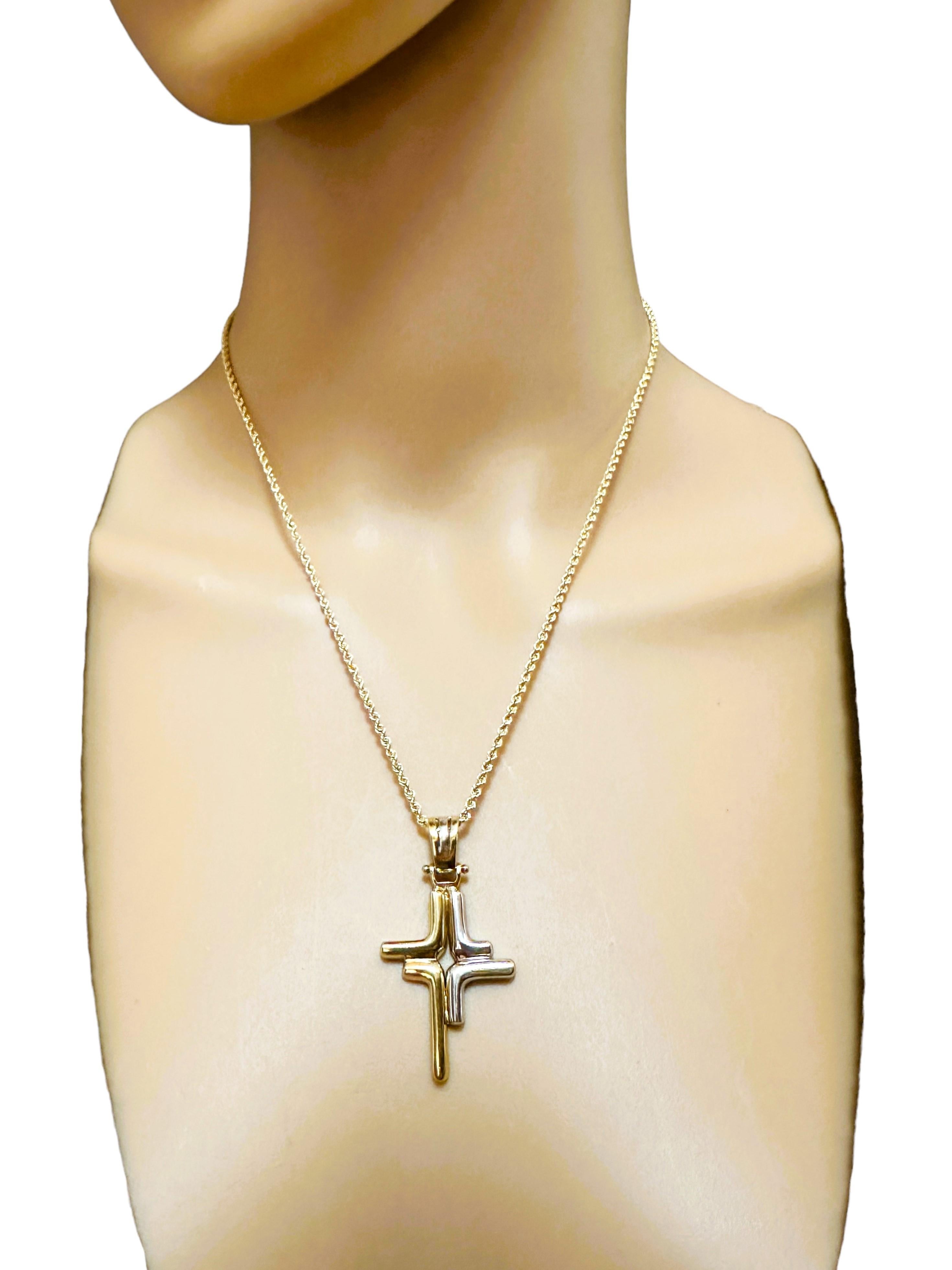 18K Yellow and White Gold Modern Cross Pendant with 14k Yellow Gold Chain 18.5